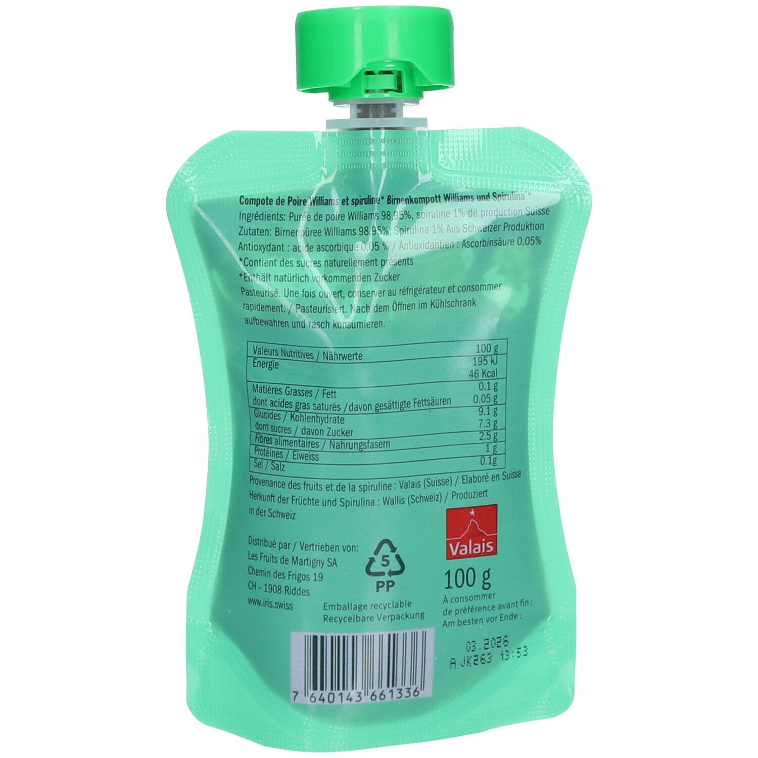 Rückseite des grünen Quetschbeutels. Text mit Nährwertangaben und Inhaltsstoffen. Aufdruck: 100 g, Valais.