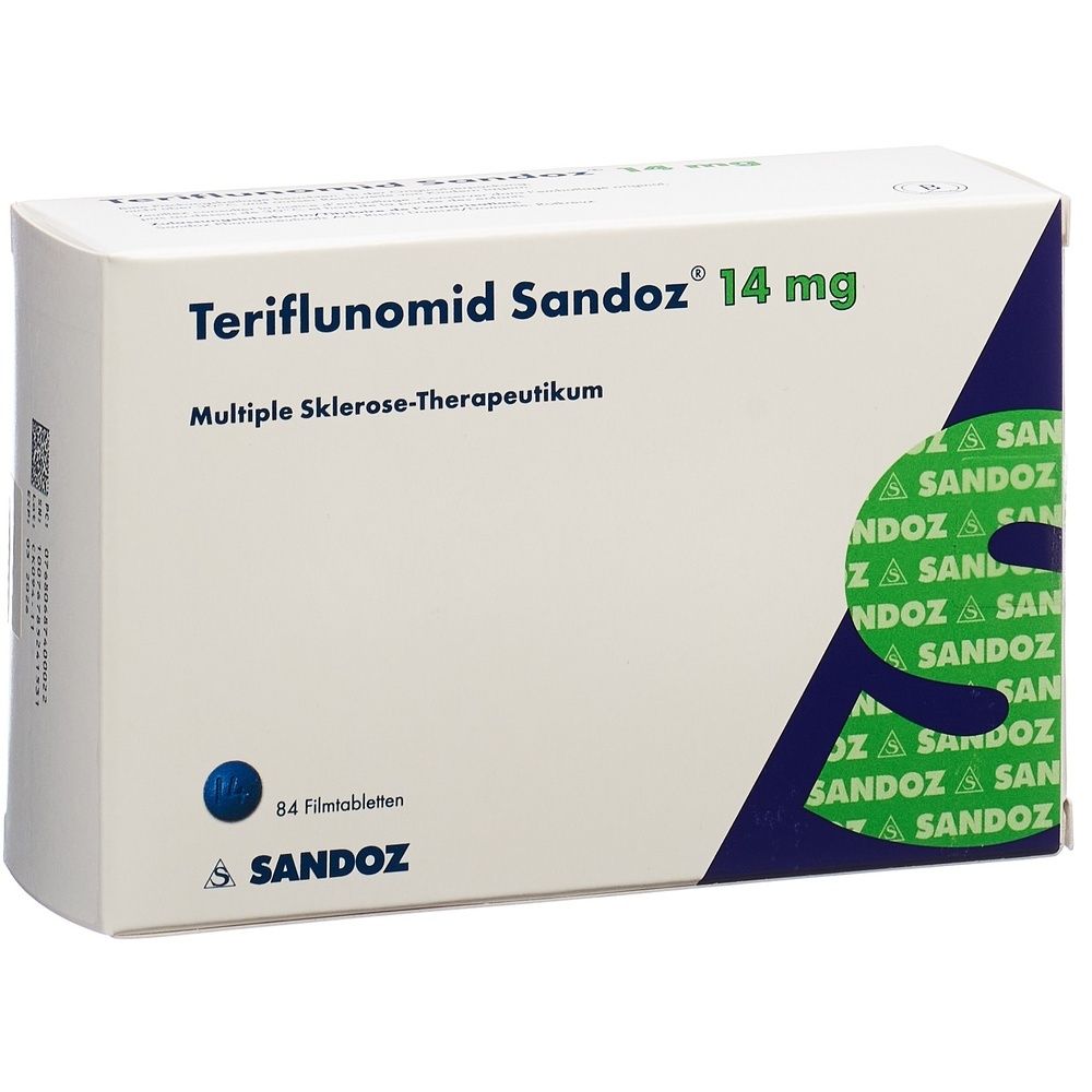 Boîte de Teriflunomide Sandoz 14 mg. Emballage blanc avec des accents bleus et verts. Le nom de la marque et le dosage sont visibles.