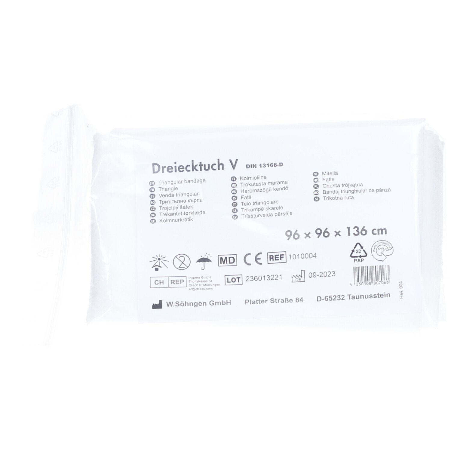 Emballage de bandage triangulaire. Dimensions : 96 x 96 x 136 cm. Inscriptions : Dreiecktuch V, DIN 13168-D, marquage CE, numéro de lot.
