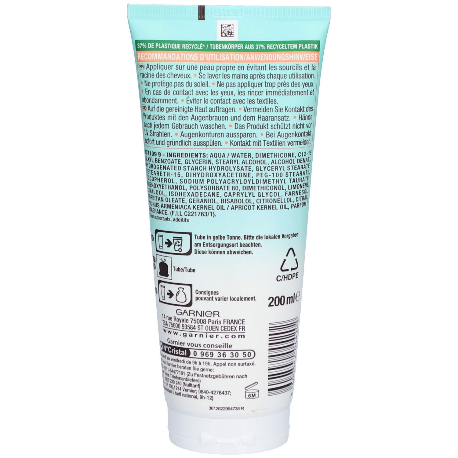 Rückseite der Tube. Text in mehreren Sprachen. Inhaltsstoffe und Herstellerinformationen. Recycling-Hinweis.