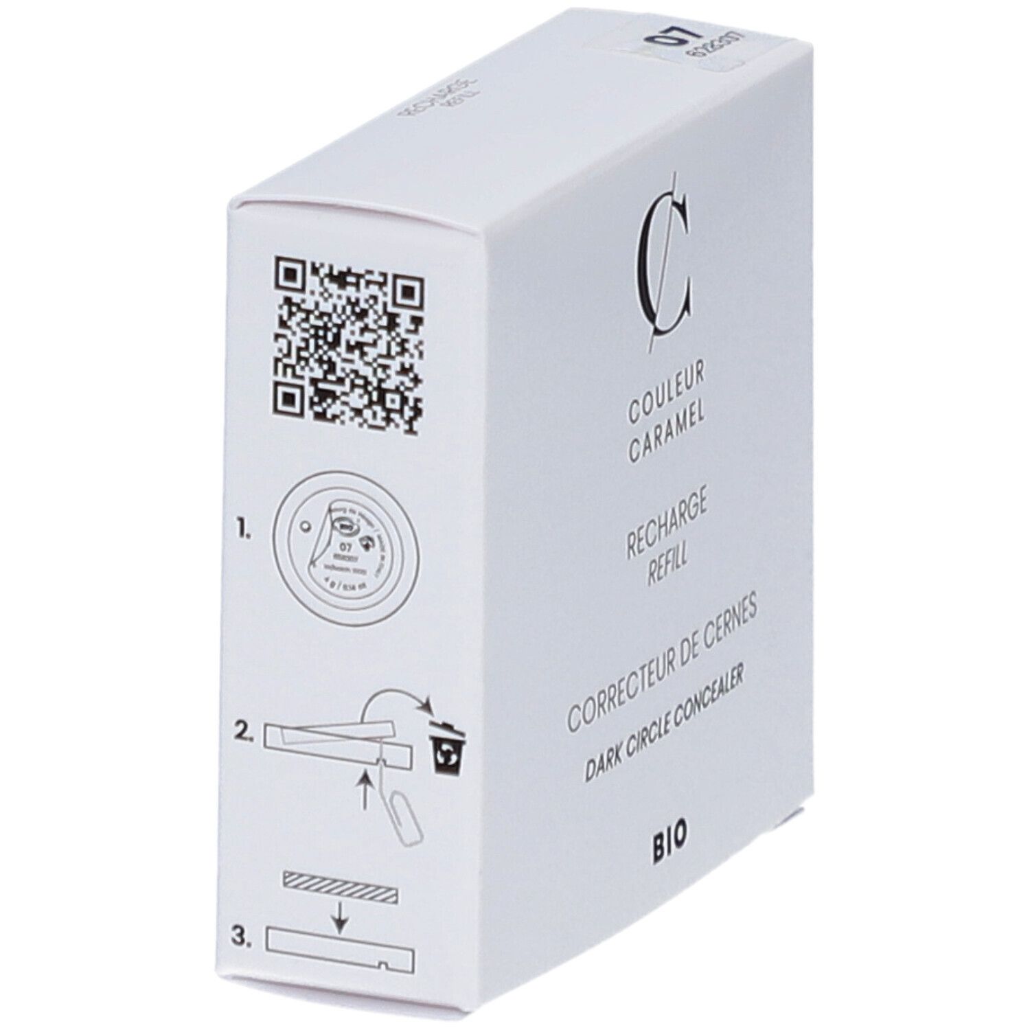Boîte blanche. Inscriptions: COULEUR CARAMEL, RECHARGE, CORRECTEUR DE CERNES, BIO. Code 07. QR code et pictogrammes d'instructions.