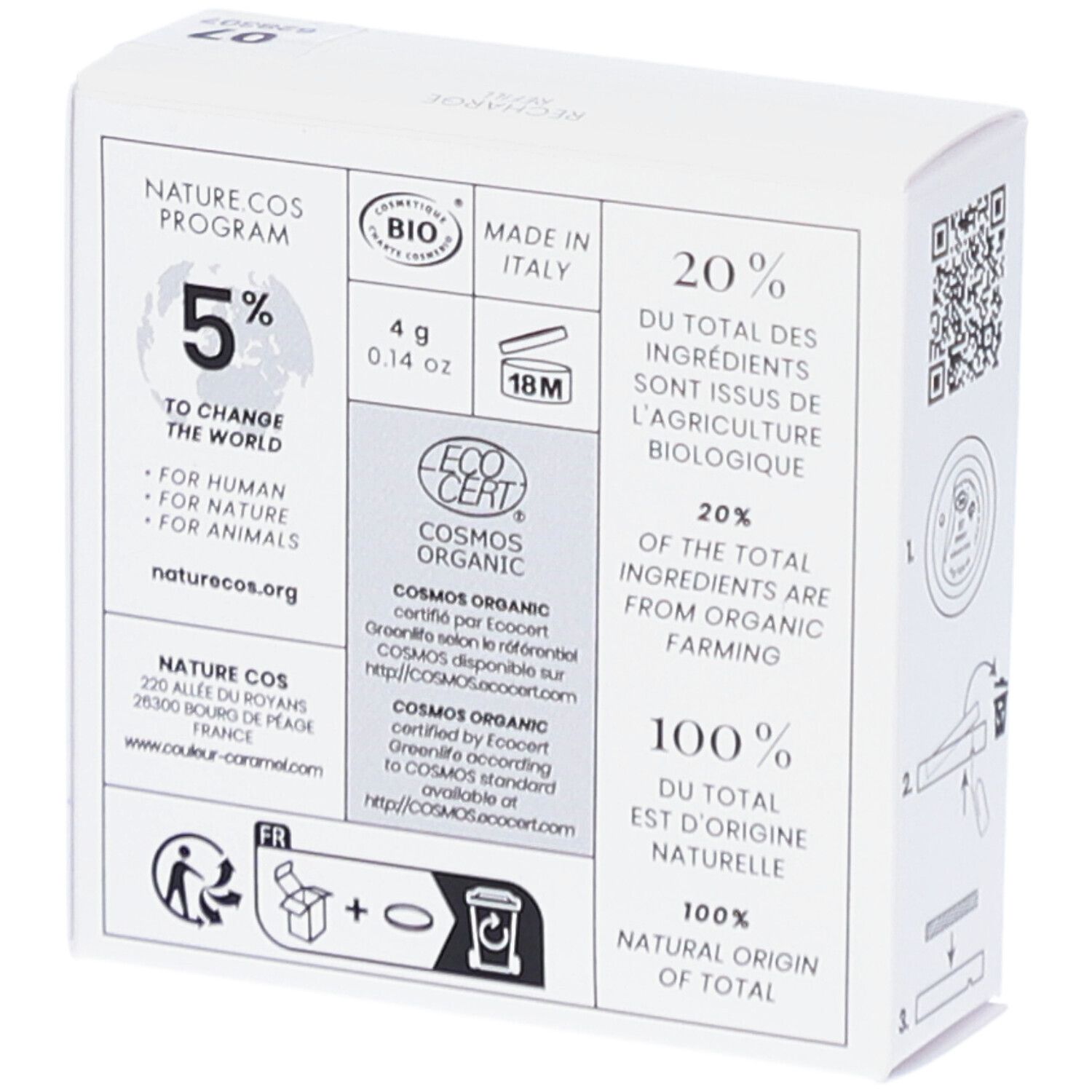 Dos de la boîte blanche. Informations sur les ingrédients, certifications (COSMOS ORGANIC, BIO), origine (Italie) et recyclage.