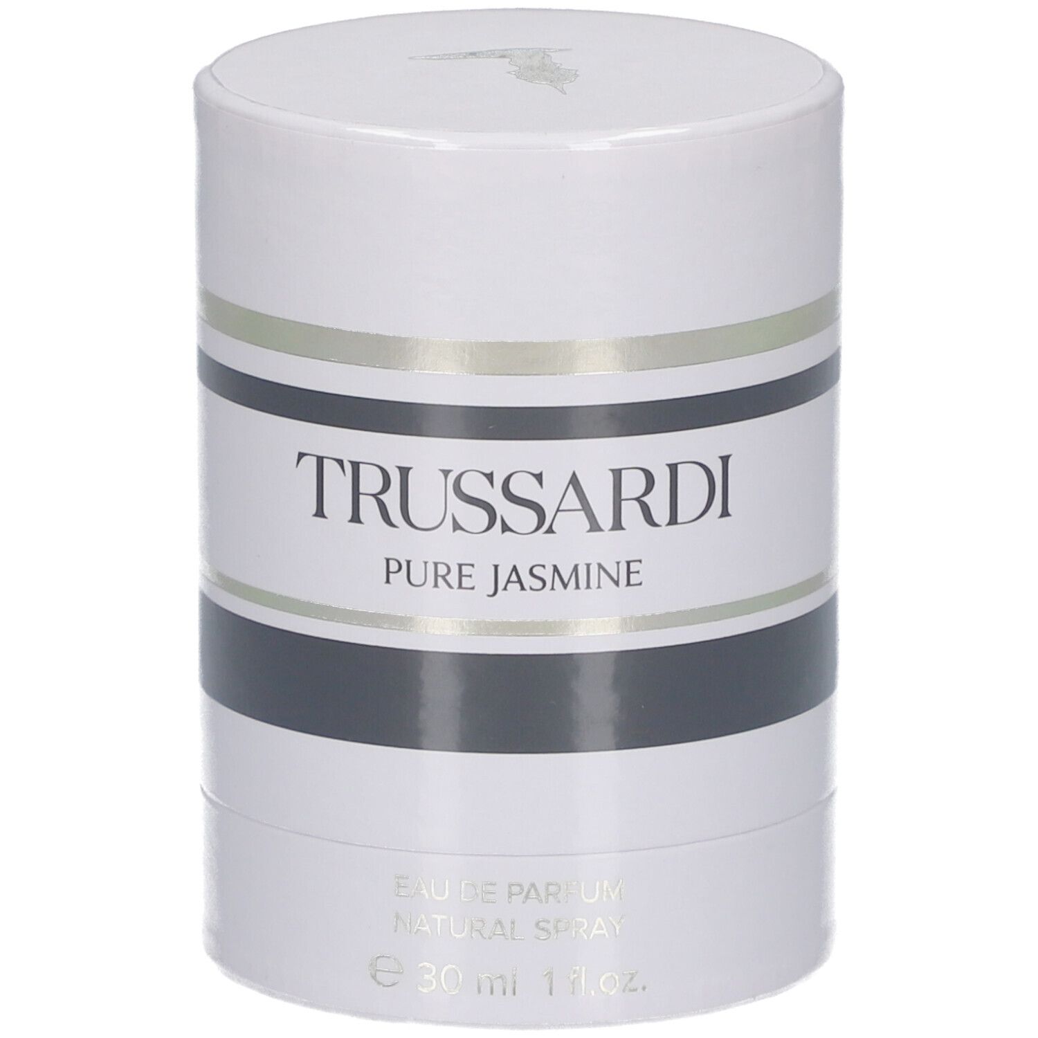 Weiße zylindrische Verpackung mit schwarzen und goldenen Streifen. Aufschrift: TRUSSARDI PURE JASMINE. 30ml.