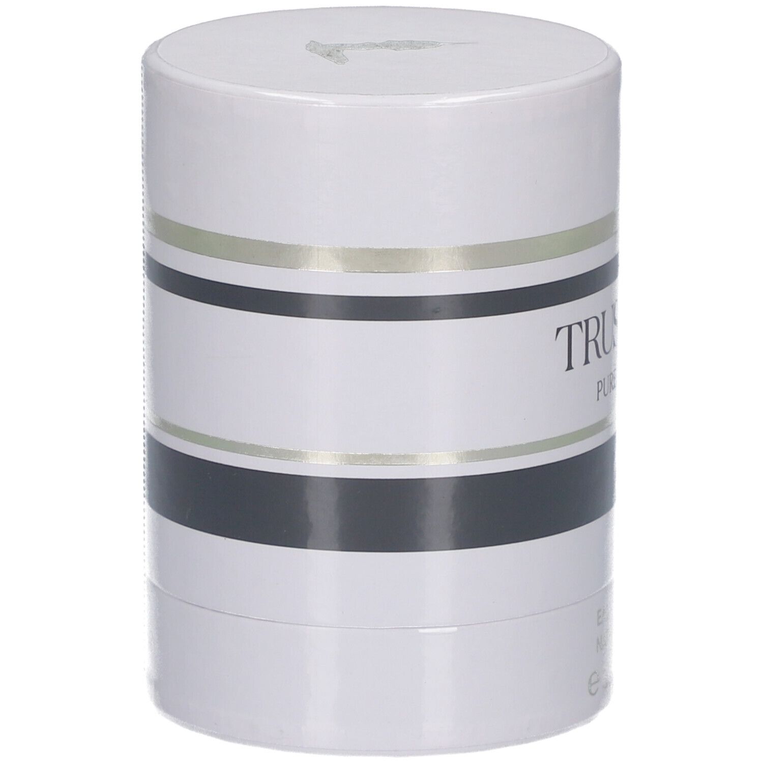 Weiße zylindrische Verpackung mit schwarzen und goldenen Streifen. Aufschrift: TRUSSARDI PURE JASMINE. 30ml.