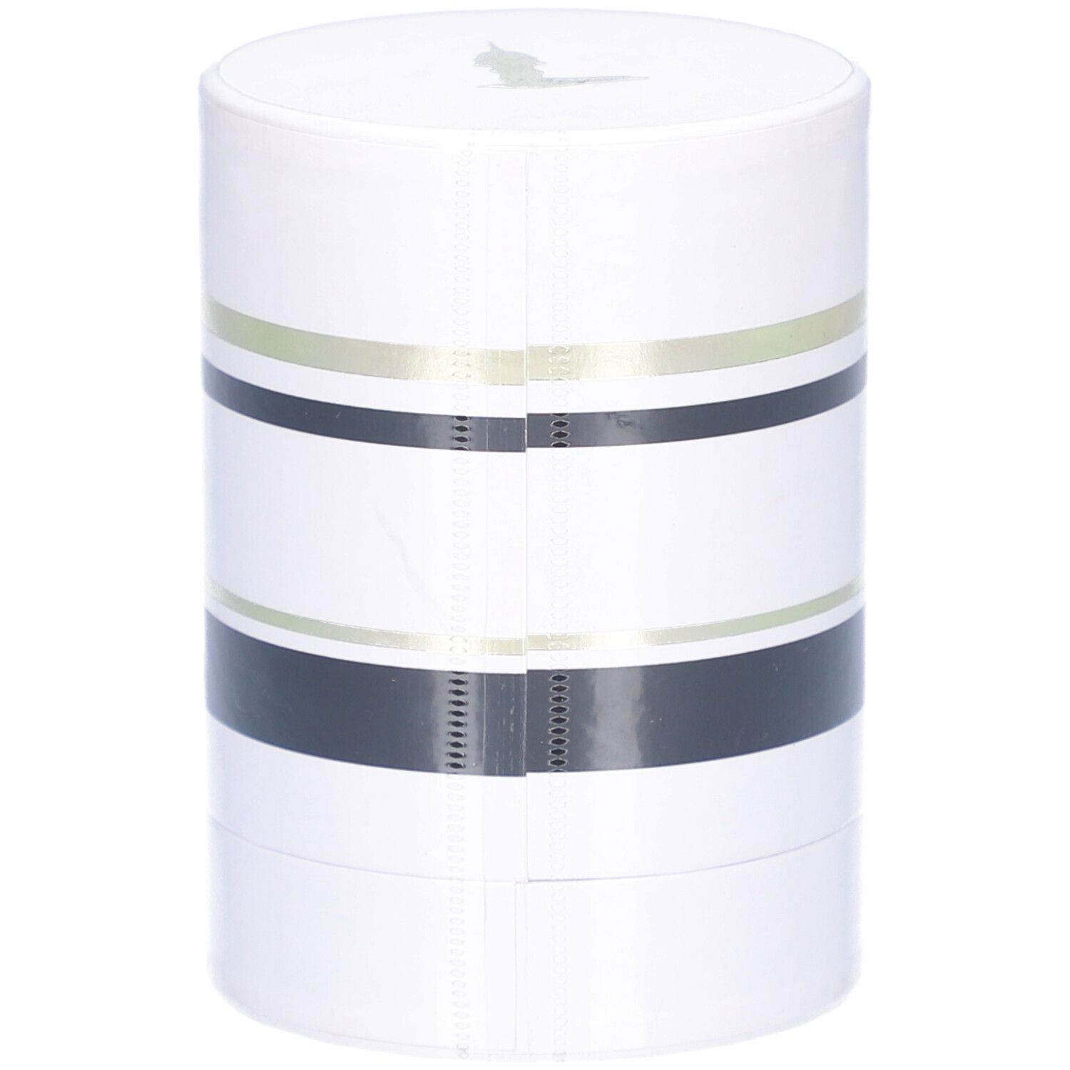 Weiße zylindrische Verpackung mit schwarzen und goldenen Streifen. Aufschrift: TRUSSARDI PURE JASMINE. 30ml.