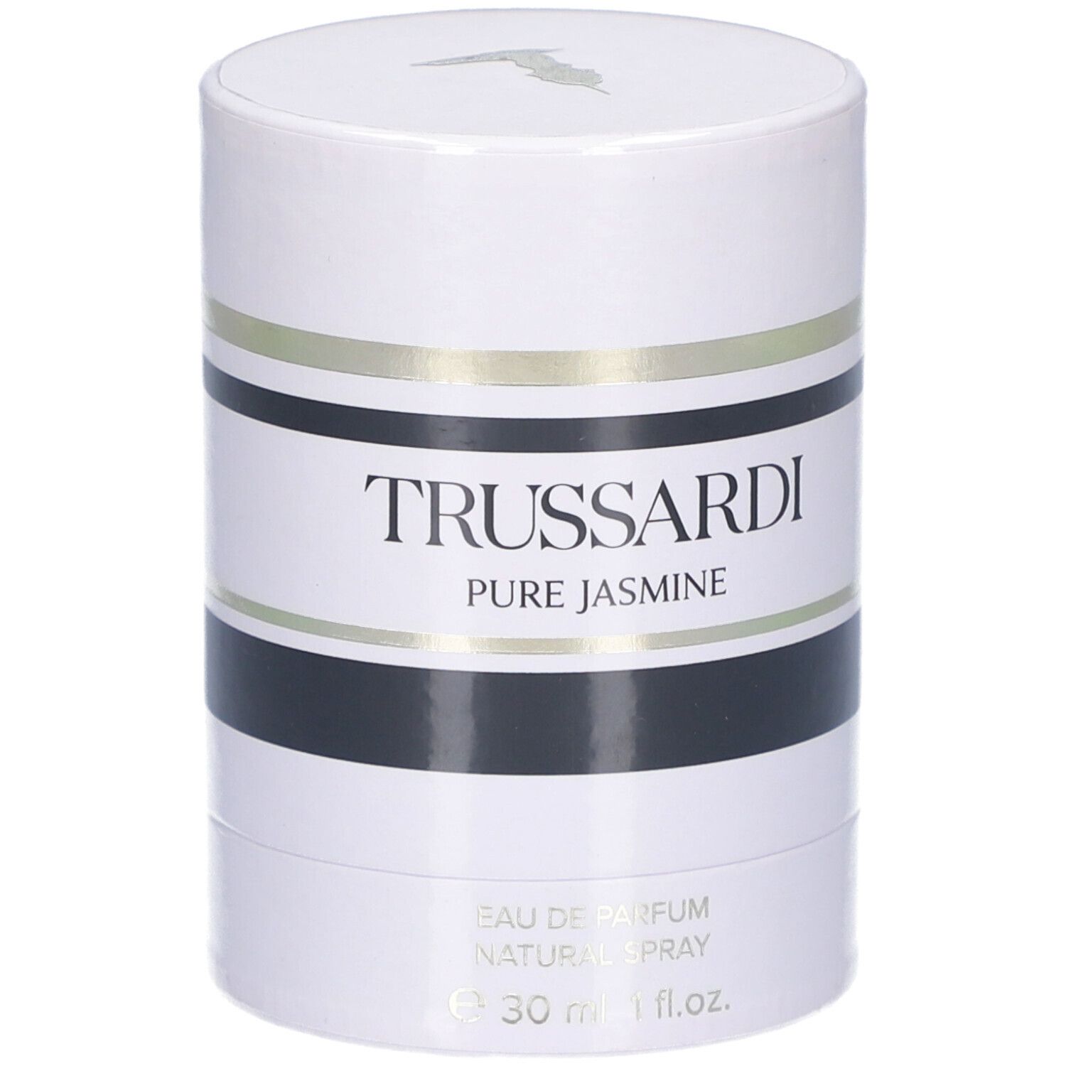 Weiße zylindrische Verpackung mit schwarzen und goldenen Streifen. Aufschrift: TRUSSARDI PURE JASMINE. 30ml.