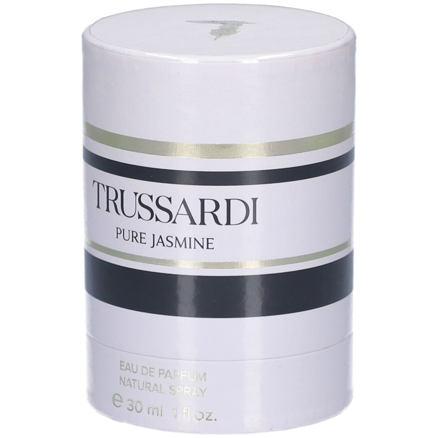 Weiße zylindrische Verpackung mit schwarzen und goldenen Streifen. Aufschrift: TRUSSARDI PURE JASMINE. 30ml.