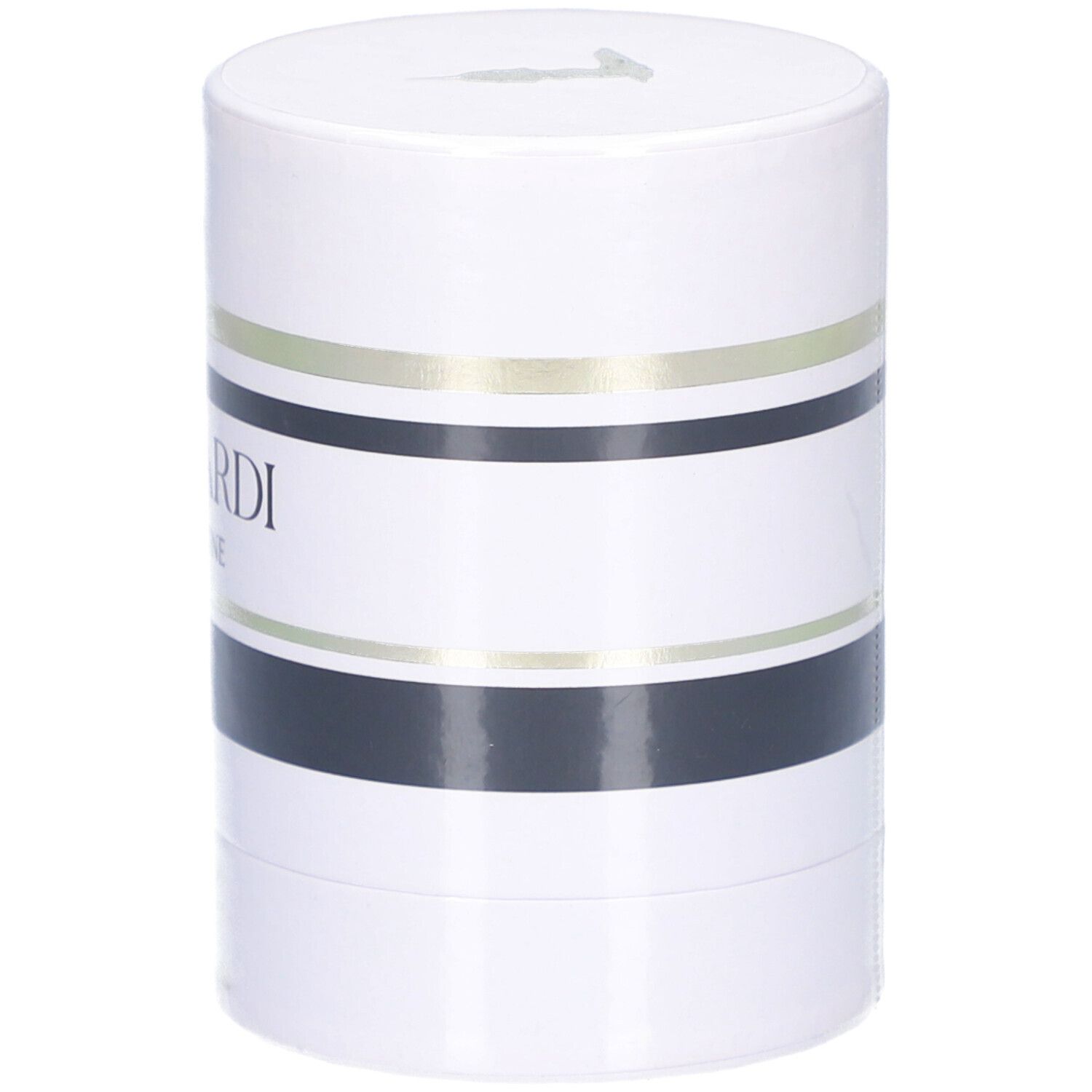 Weiße zylindrische Verpackung mit schwarzen und goldenen Streifen. Aufschrift: TRUSSARDI PURE JASMINE. 30ml.