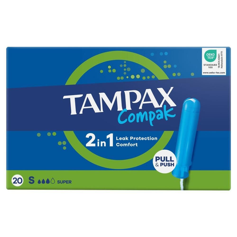 Blau-grüne Verpackung mit TAMPAX Compak. 20 Super-Tampons. Ein Tampon ist abgebildet. Oeko-Tex-Zertifizierung.