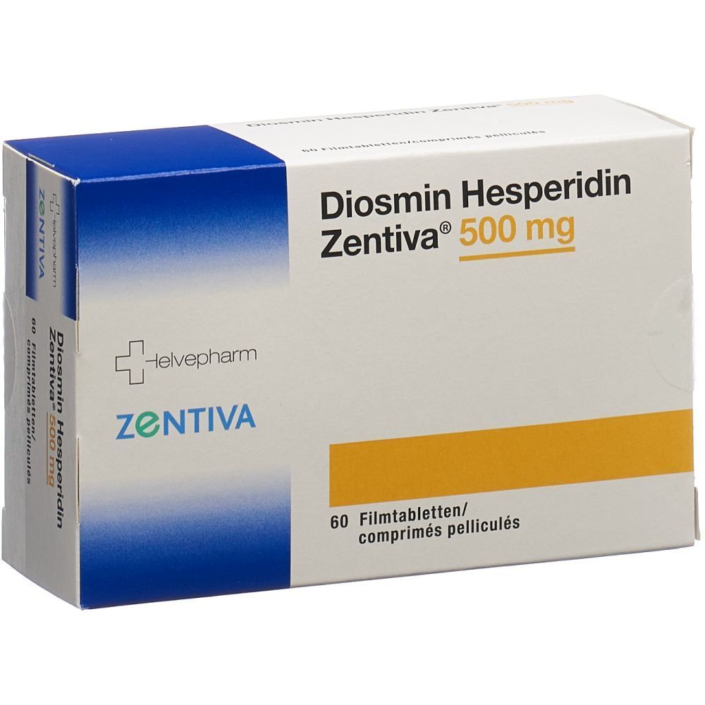 Verpackung von Diosmin Hesperidin Zentiva 500 mg Filmtabletten. Enthält 60 Tabletten. Blaue und weiße Schachtel mit Produktnamen und Logo.