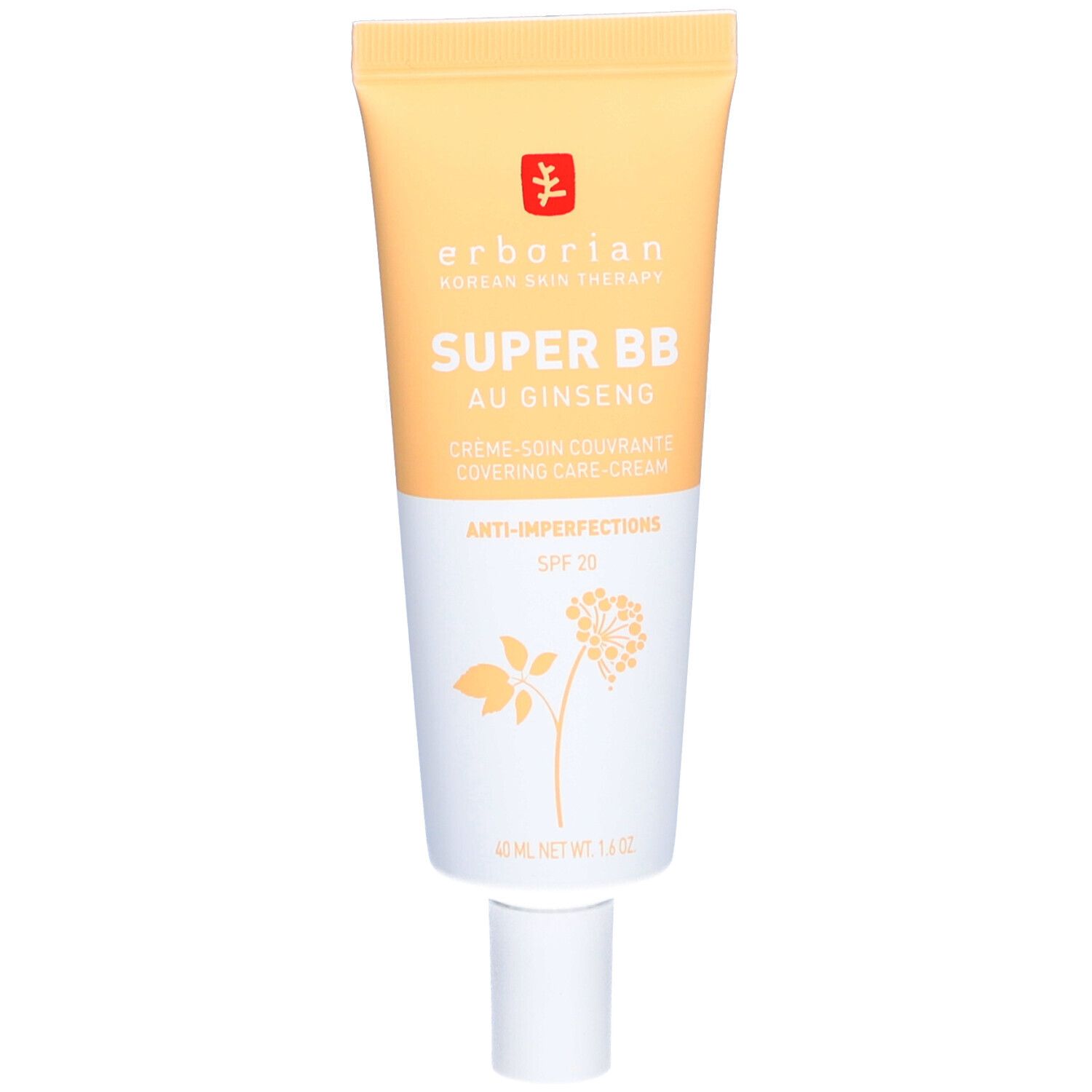 Tube de crème Erborian Super BB au Ginseng, SPF 20. Tube jaune et blanc, bouchon ouvert. Inscriptions visibles.