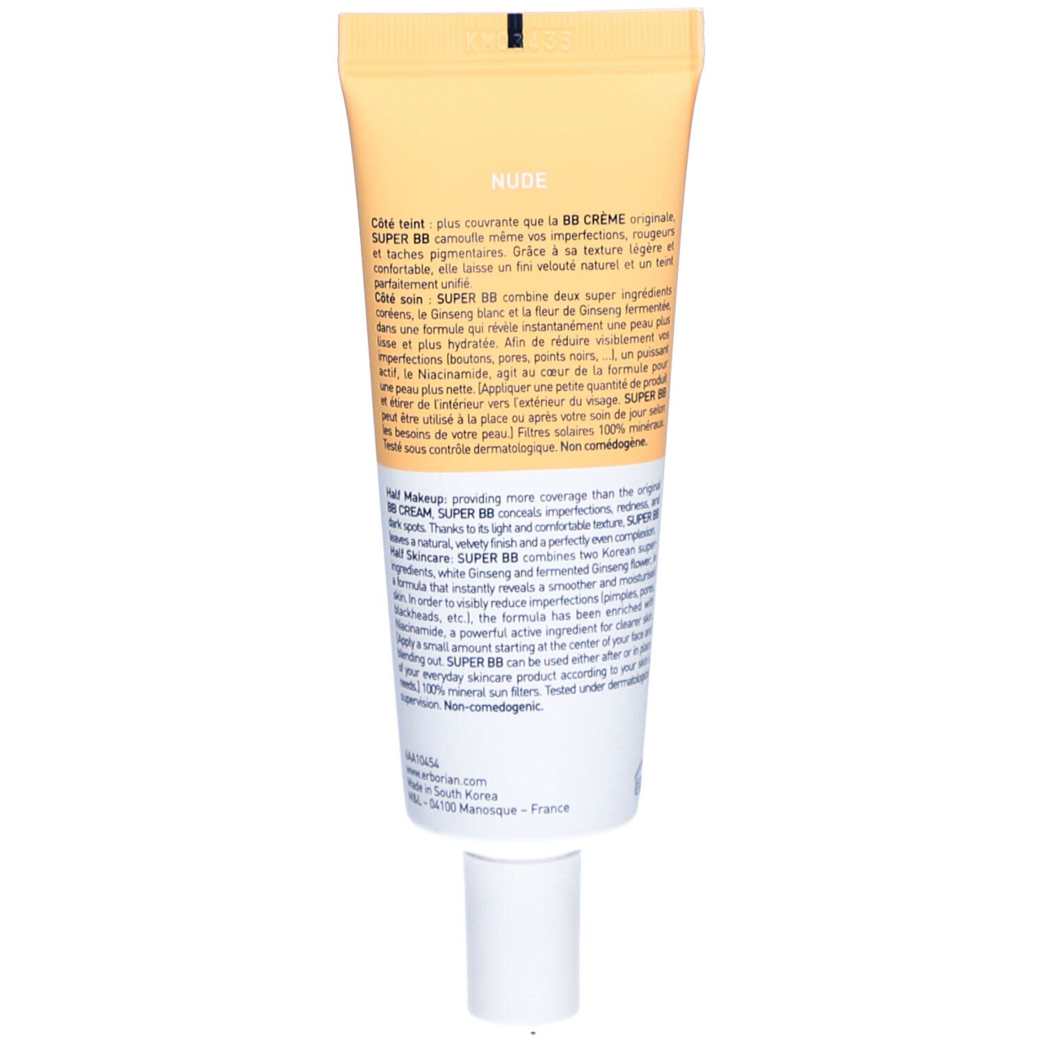 Dos du tube de crème. Texte multilingue. Nom du produit et marque non visibles.