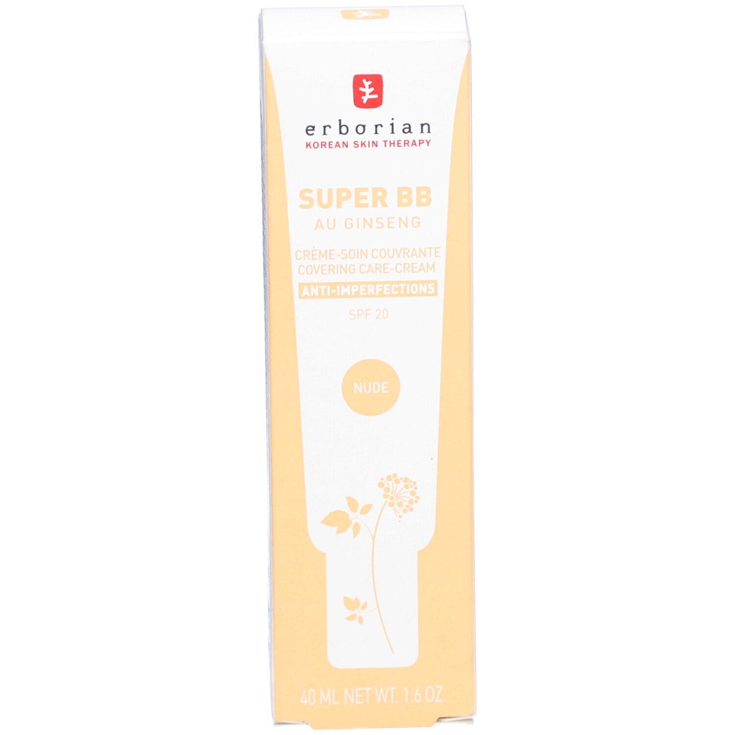 Emballage du produit. Boîte avec nom et marque. Design jaune et blanc. Inscription NUDE.