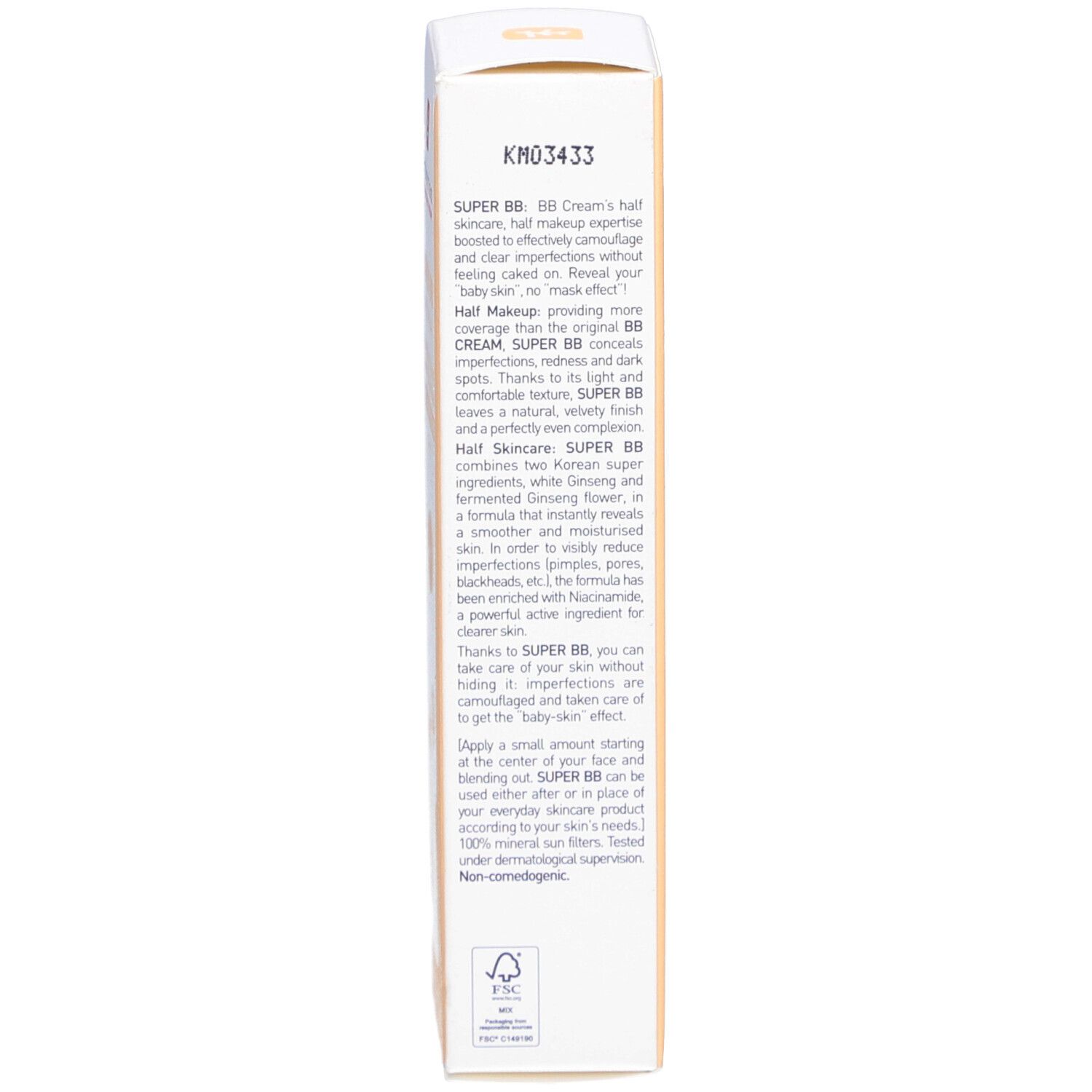 Emballage du produit. Boîte avec description du produit en anglais. Design jaune et blanc.