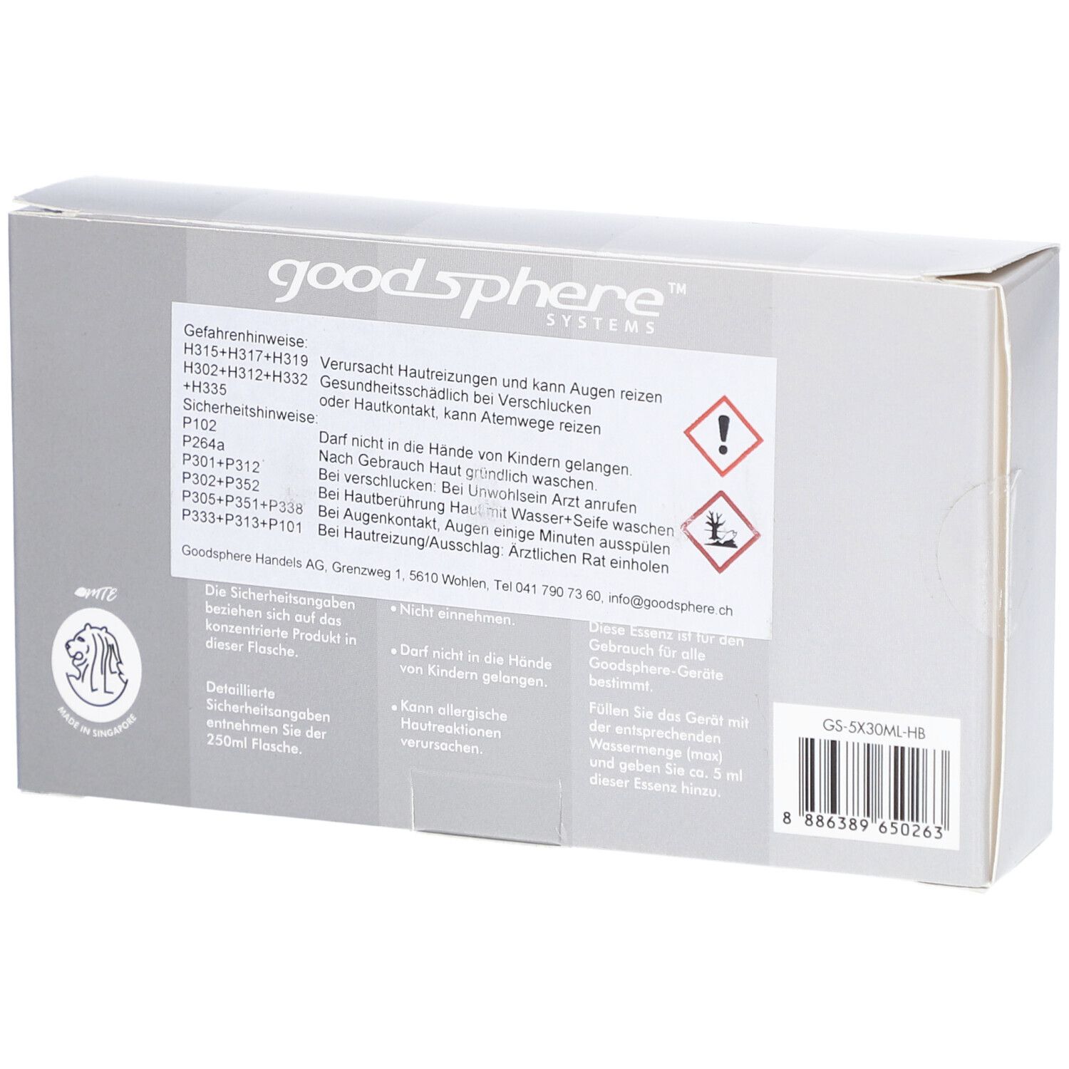 Dos de la boîte avec avertissements et pictogrammes. Inscription : Goodsphere. Détails et consignes de sécurité.