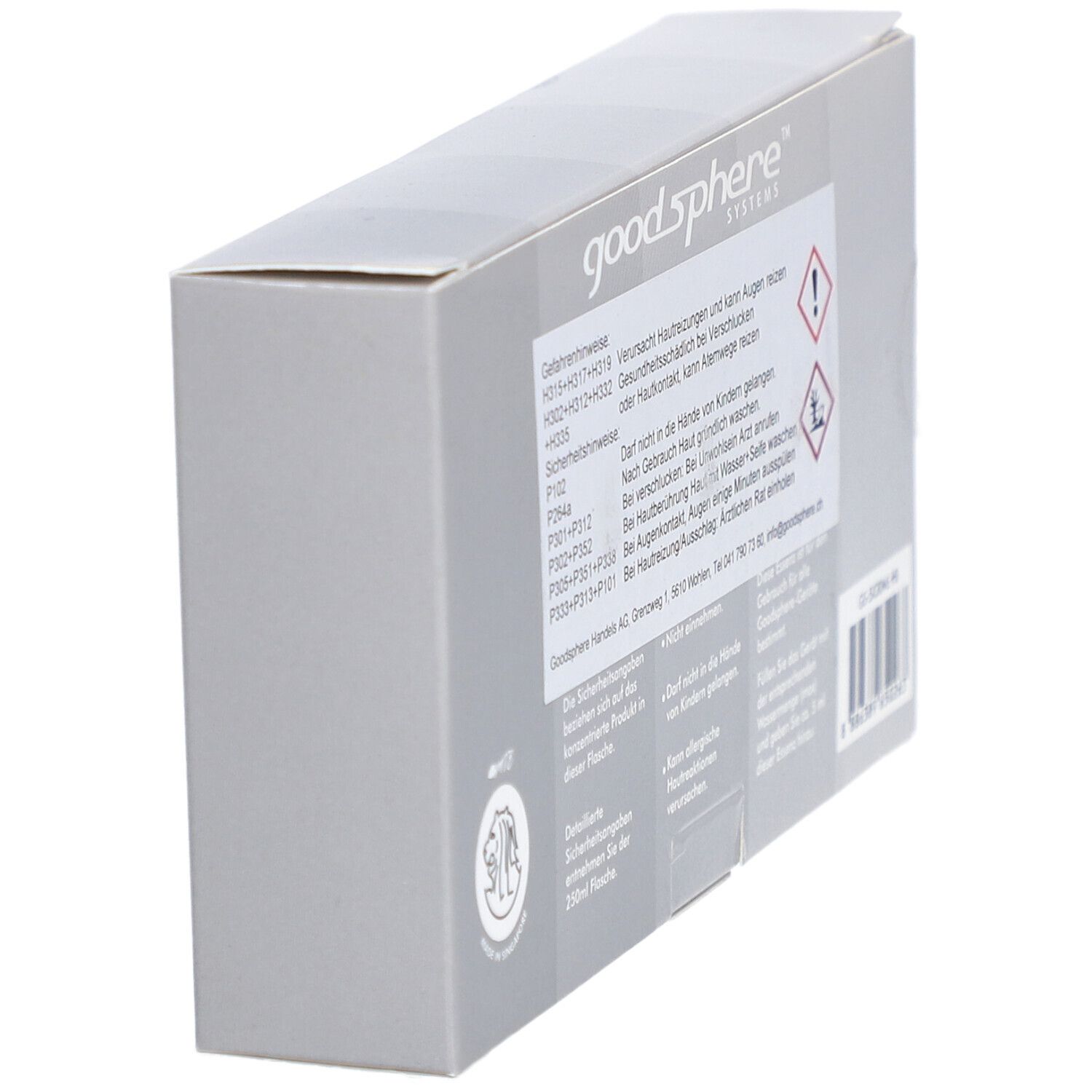 Dos de la boîte en biais avec avertissements et pictogrammes. Inscription : Goodsphere. Détails et sécurité.