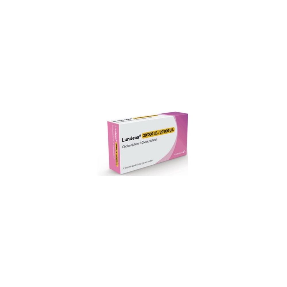 Kartonverpackung mit Produktnamen und Angaben. Rosa-weißes Design. Aufschrift: Lundeos Weichkaps 20000 IE 4 Stk.