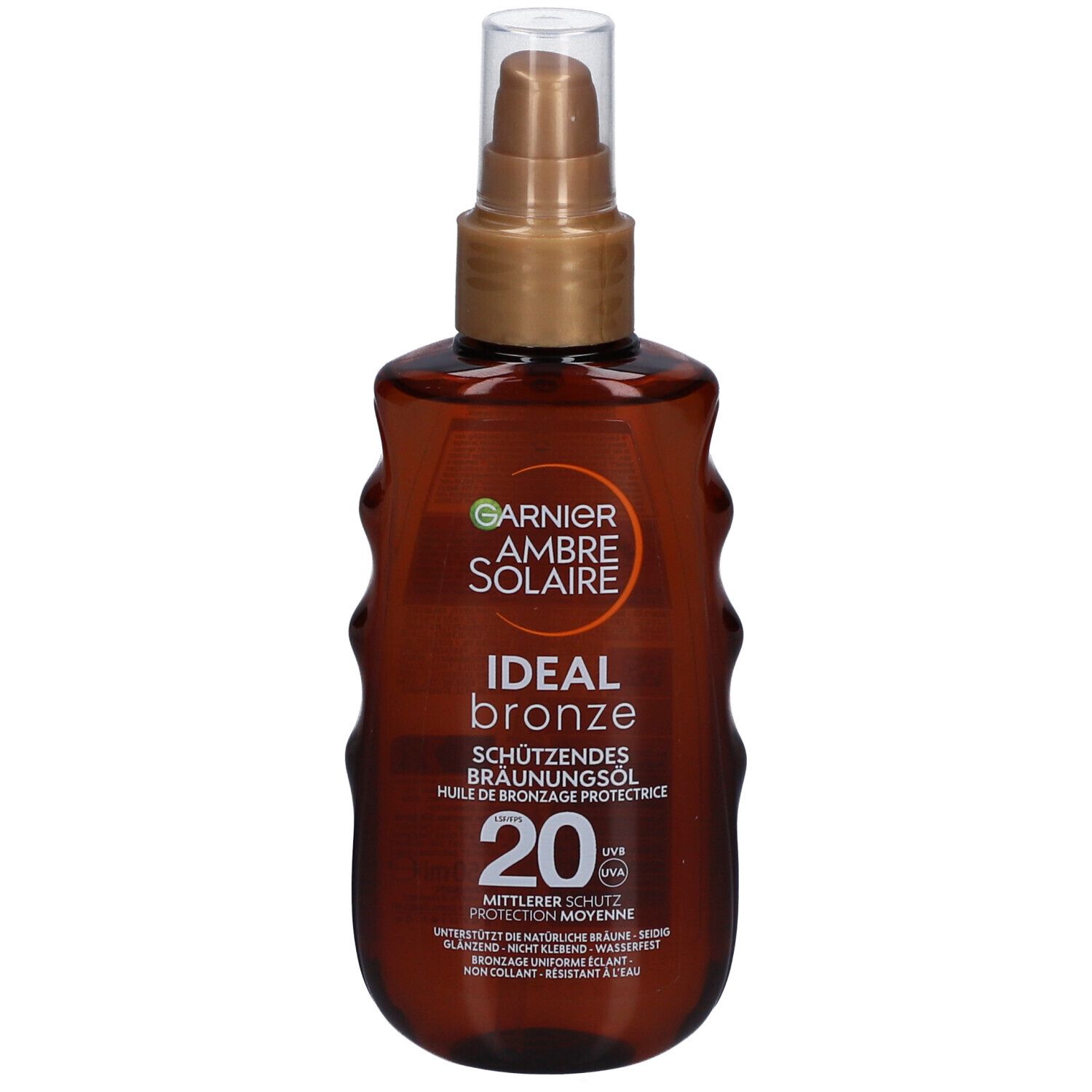 Braune Flasche mit Sprühkopf. Aufschrift: Garnier Ambre Solaire, Ideal Bronze, Schutzfaktor 20.