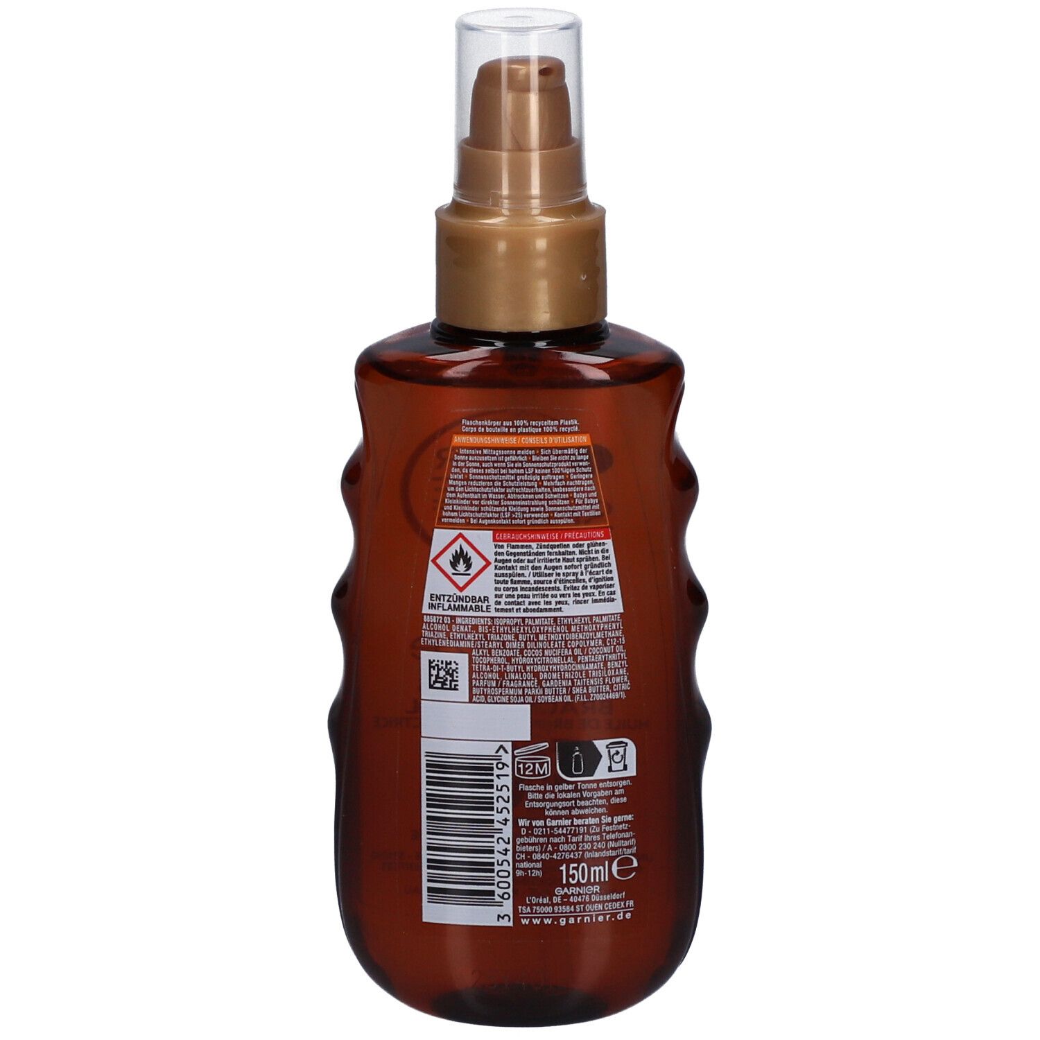 Rückseite der braunen Flasche mit Text und Symbolen. Warnhinweise und Inhaltsstoffe.