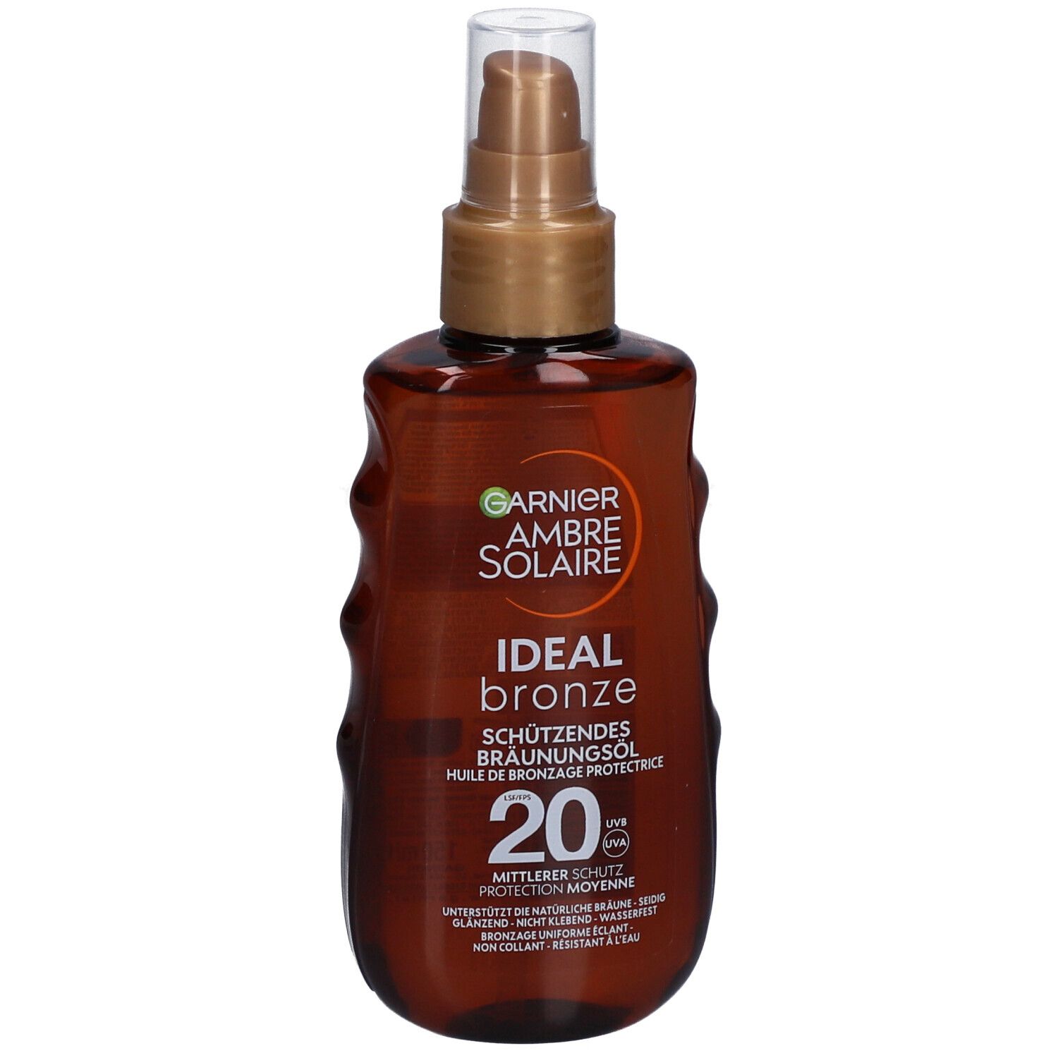 Braune Flasche mit Sprühkopf. Aufschrift: Garnier Ambre Solaire, Ideal Bronze, Schutzfaktor 20.