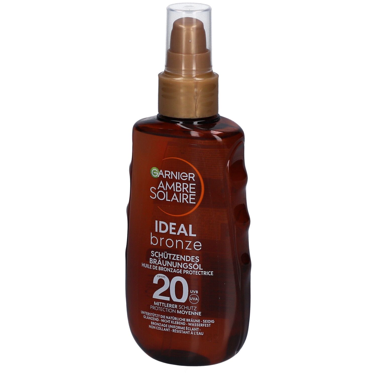 Braune Flasche mit Sprühkopf. Aufschrift: Garnier Ambre Solaire, Ideal Bronze, Schutzfaktor 20.