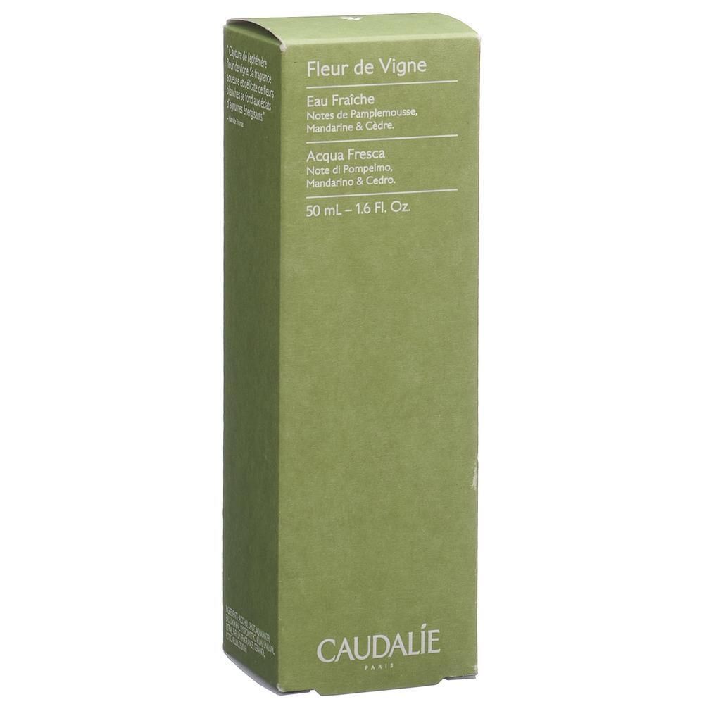 Grüne Schachtel mit Produktinformationen. Aufschrift: Fleur de Vigne, Eau Fraiche, 50 ml - 1.6 fl. oz. Marke: CAUDALIE.