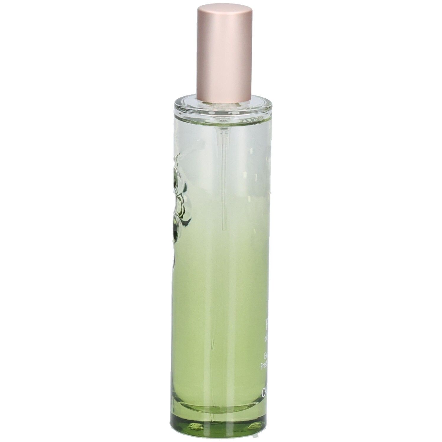 Glasflakon mit Zerstäuber. Flüssigkeit mit grüner Färbung. Text: Fleur de Vigne, Eau Fraiche, Caudalie.