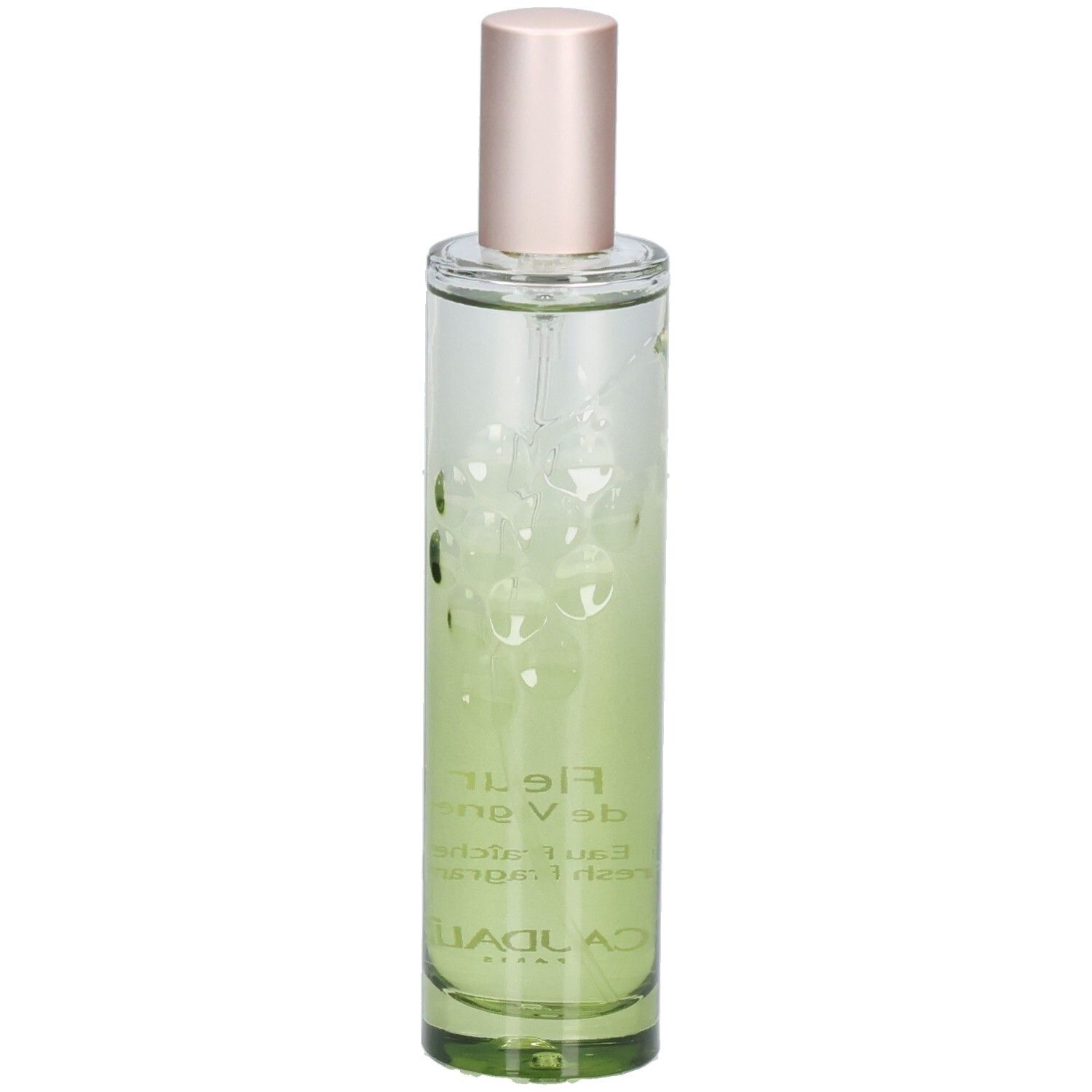 Glasflakon mit Zerstäuber. Flüssigkeit mit grüner Färbung. Text: Fleur de Vigne, Eau Fraiche, Caudalie.