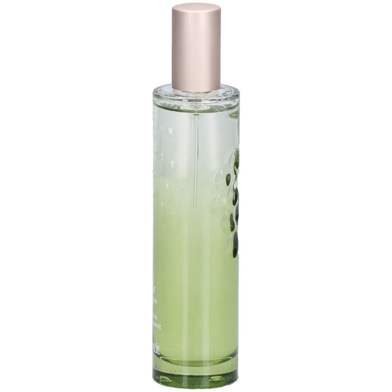 Glasflakon mit Zerstäuber. Flüssigkeit mit grüner Färbung. Text: Fleur de Vigne, Eau Fraiche, Caudalie.