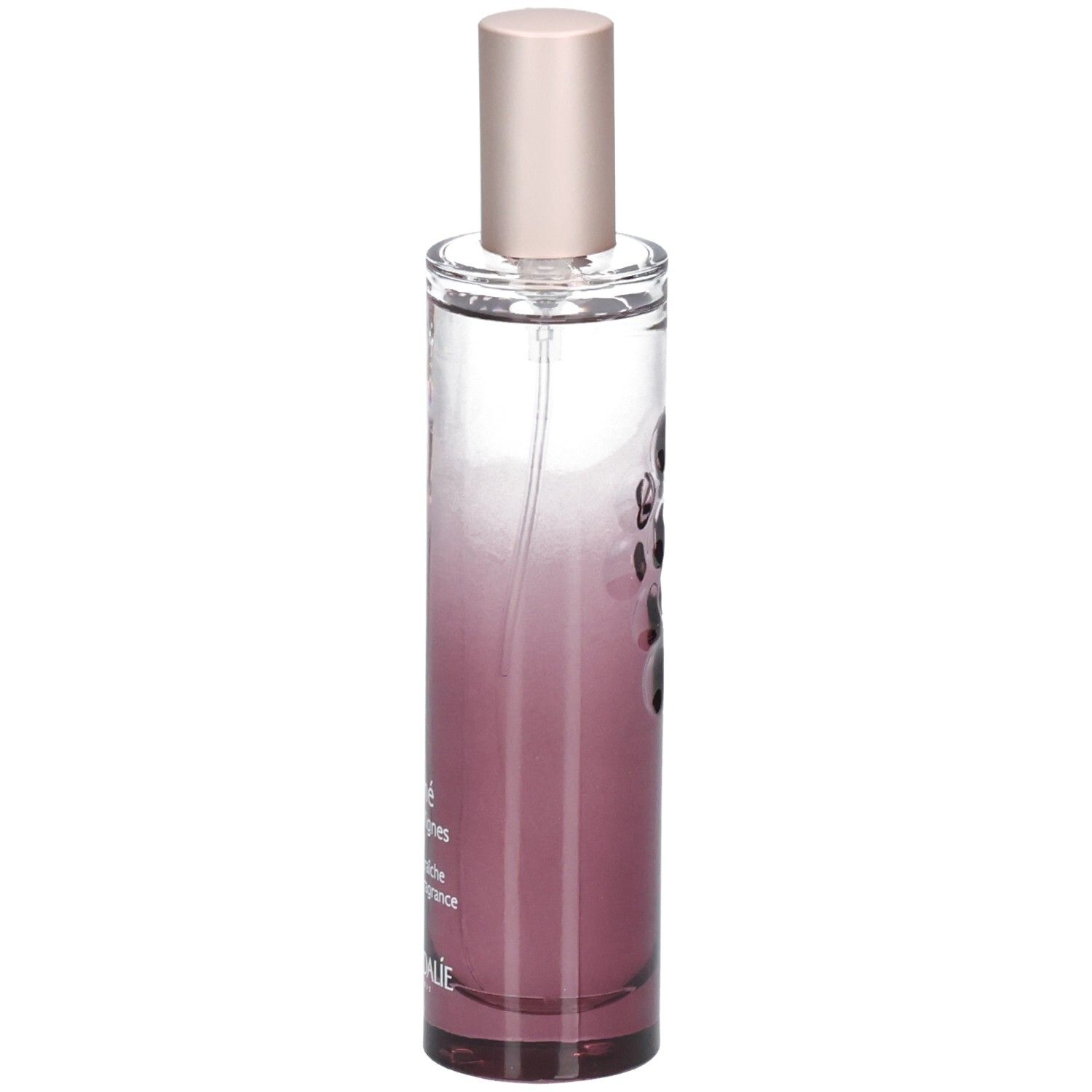 Flacon cylindrique dégradé rose. Liquide transparent. Bouchon rose. Inscription: Thé des Vignes, CAUDALIE.