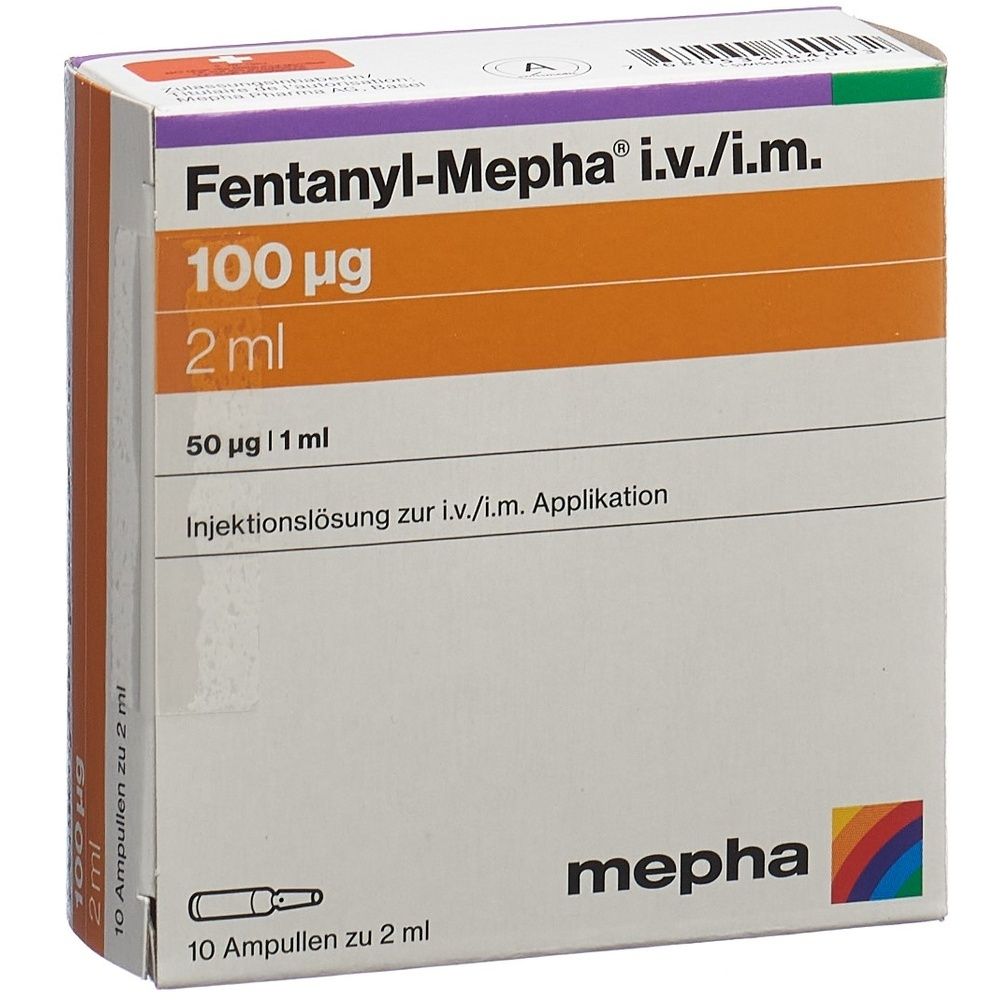 Karton Fentanyl-Mepha, 100 mcg/2ml i.v./i.m. 10 Ampullen. Orangefarbene und weiße Beschriftung. Mepha-Logo.