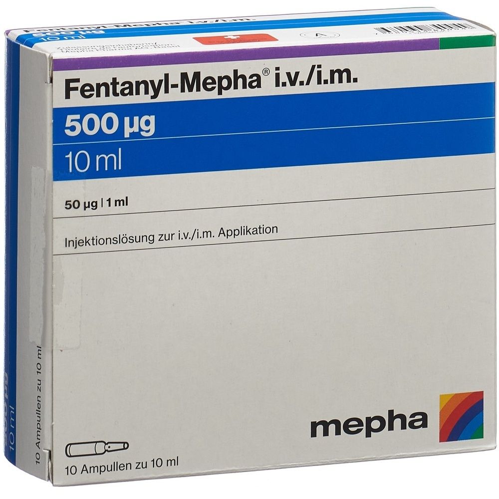 Boîte Fentanyl Mepha. Emballage bleu et blanc avec informations produit. Marque Mepha.