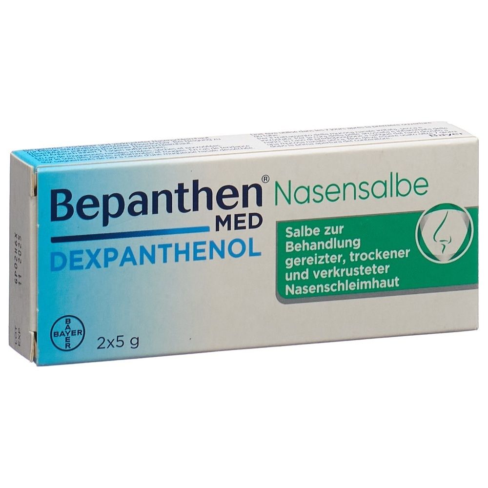 Karton mit Bepanthen MED Nasensalbe. Aufschrift: Dexpanthenol, Nasensalbe, 2x5 g. Grün-weiße Verpackung mit Nasen-Symbol.