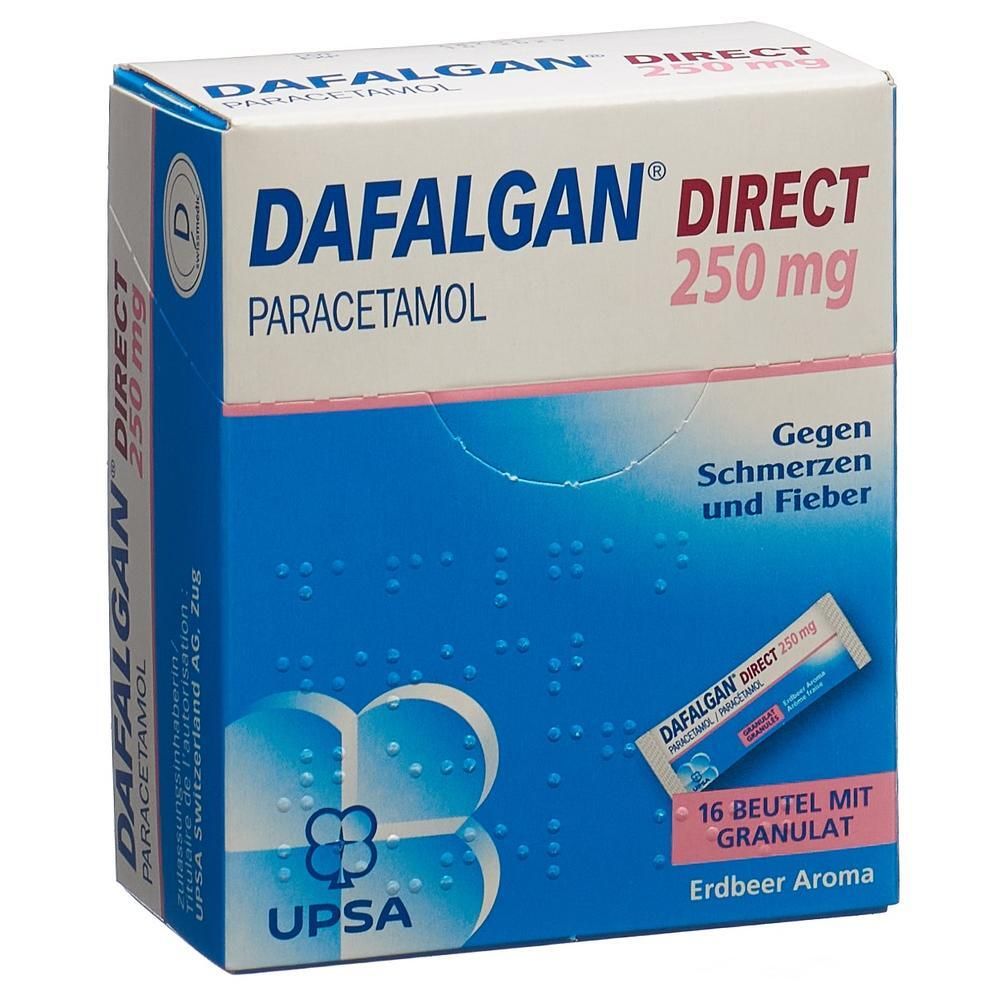 Karton DAFALGAN DIRECT, 250 mg Paracetamol. Blaue Verpackung mit Produktnamen, Dosierung und Hinweis auf Erdbeeraroma. 16 Beutel.