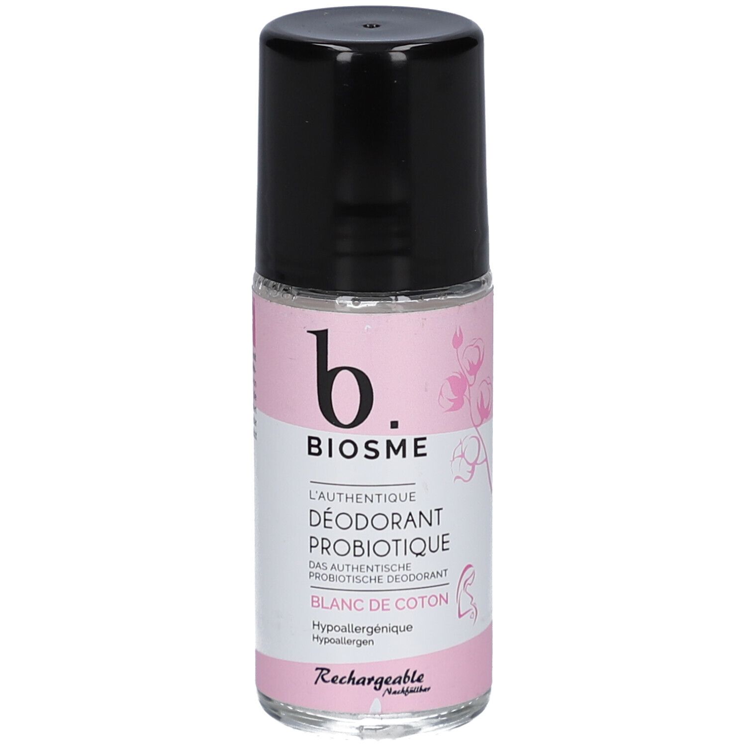 Roll-on-Deodorant mit schwarzem Deckel. Aufschrift: BIOSME, DÉODORANT PROBIOTIQUE, Blanc de Coton. Rosa Etikett mit Blüten.