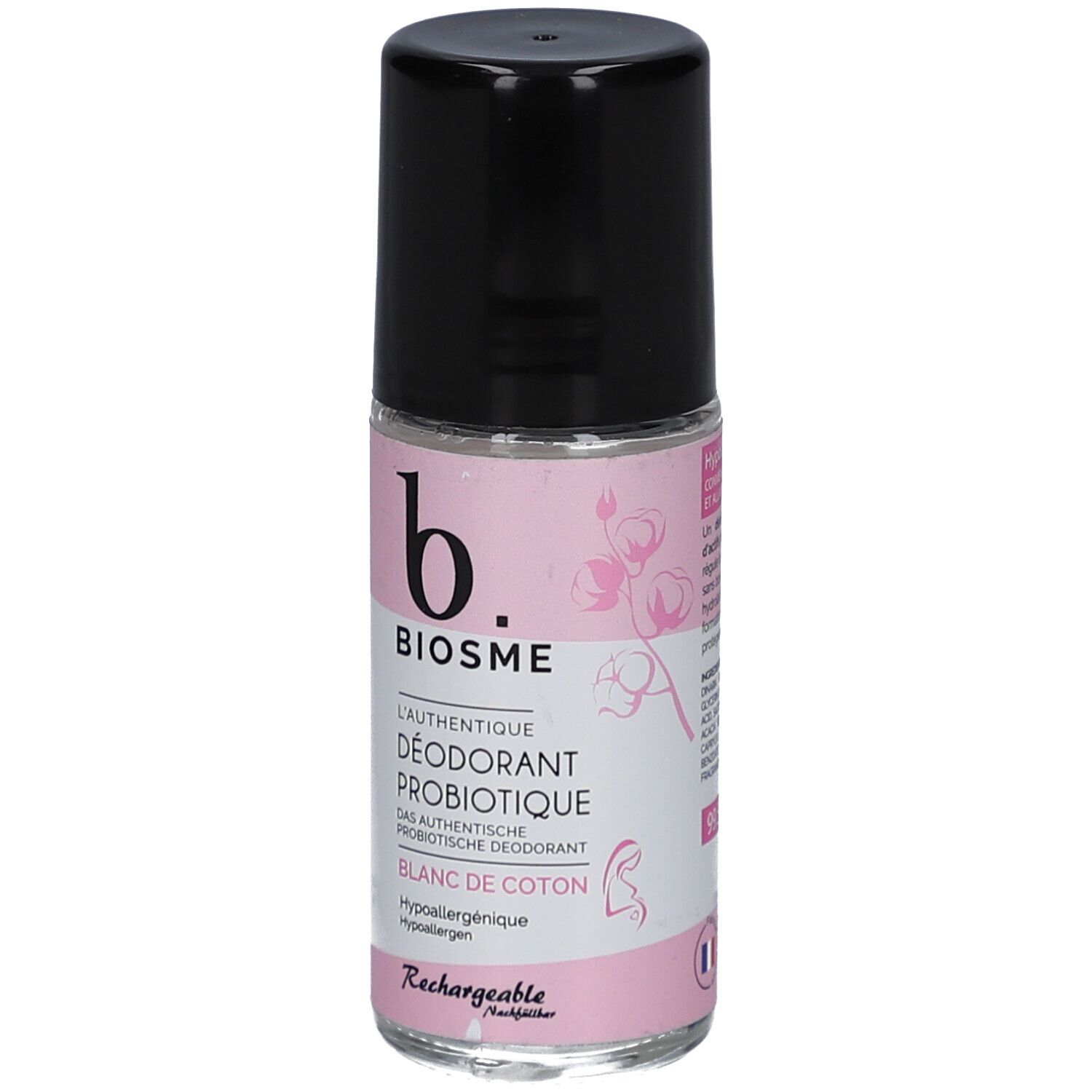 Roll-on-Deodorant mit schwarzem Deckel. Aufschrift: BIOSME, DÉODORANT PROBIOTIQUE, Blanc de Coton. Rosa Etikett mit Blüten.