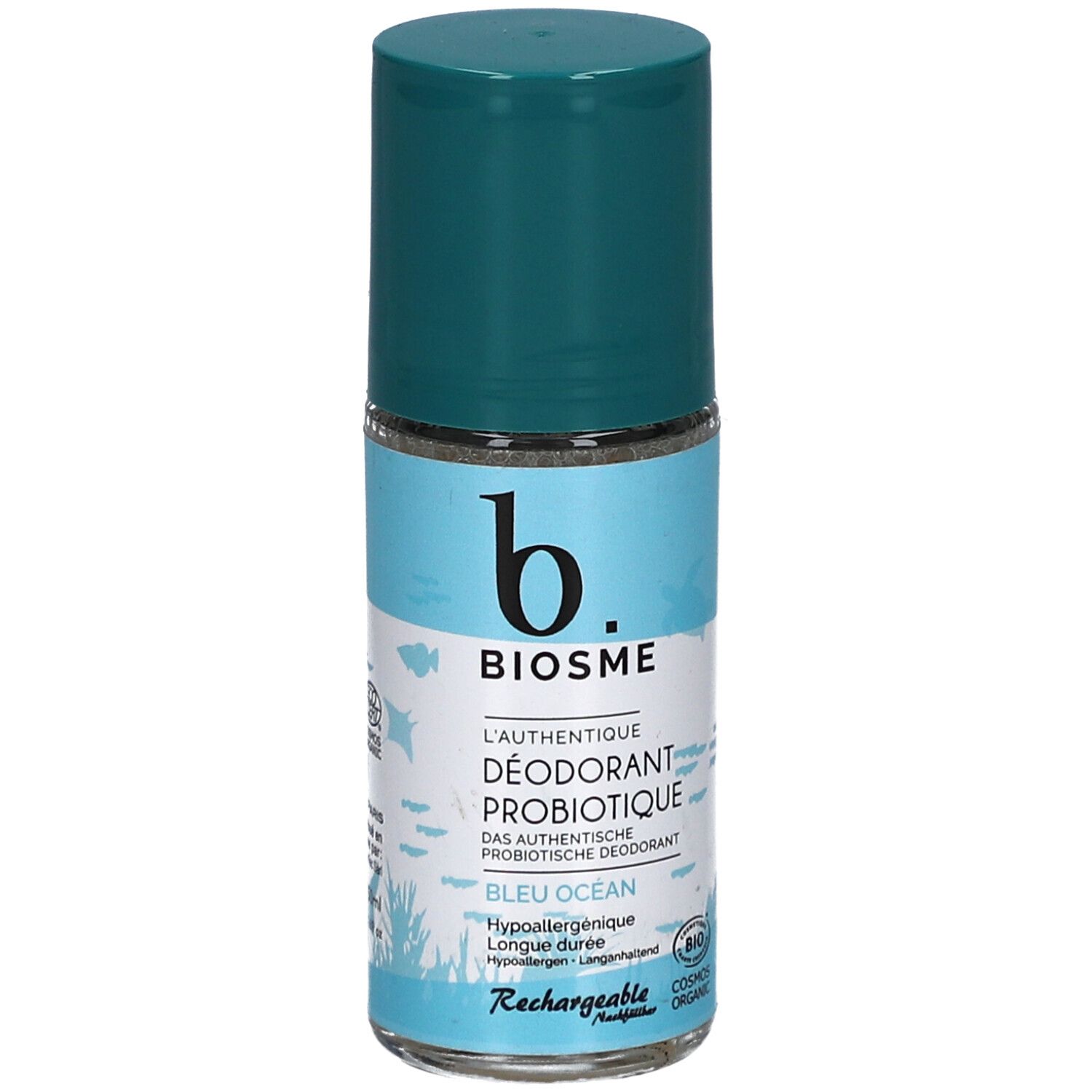 Déodorant roll-on bleu. Inscription: BIOSME, L'authentique Déodorant Probiotique, Bleu Océan. Label bio.