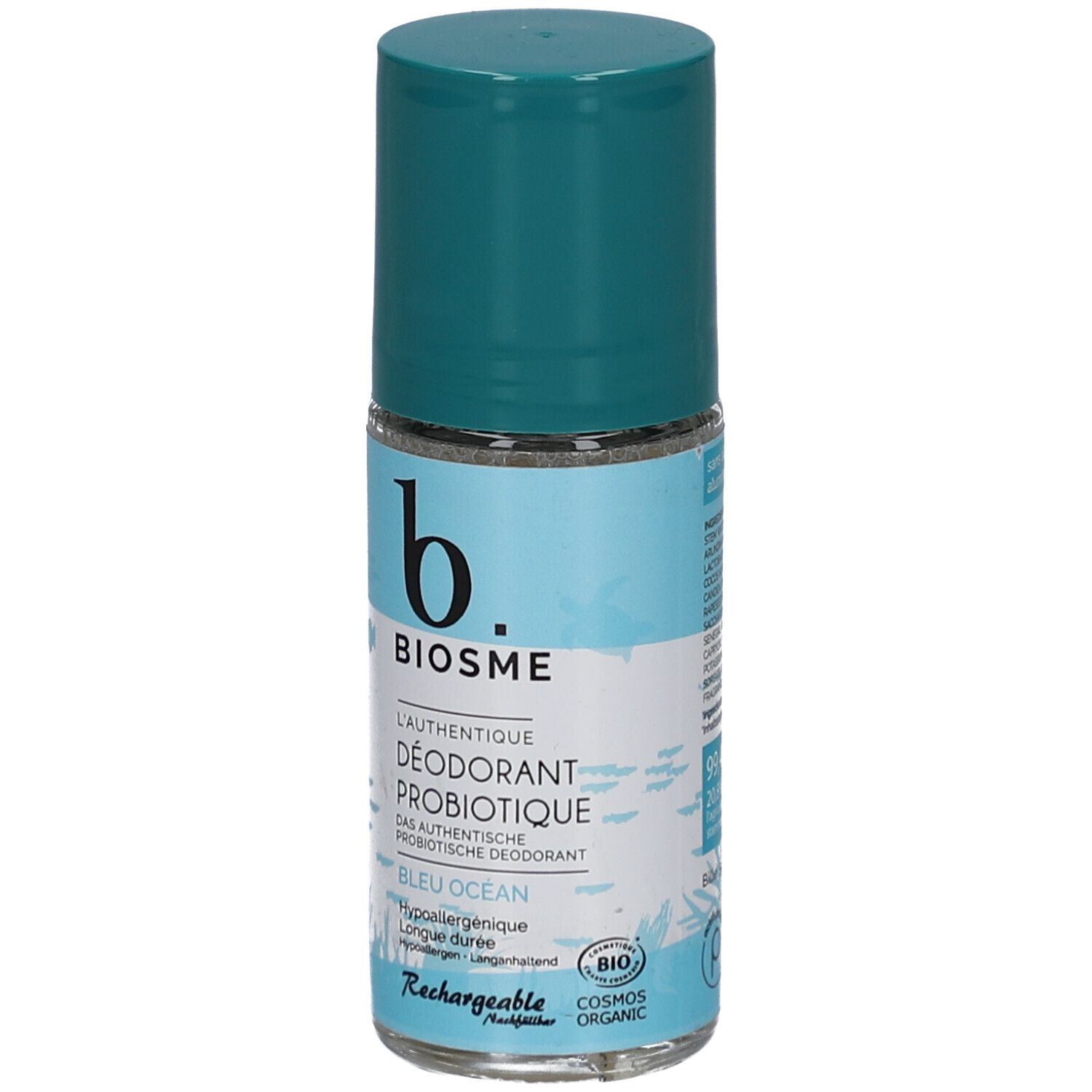 Déodorant roll-on bleu. Inscription: BIOSME, L'authentique Déodorant Probiotique, Bleu Océan. Label bio.