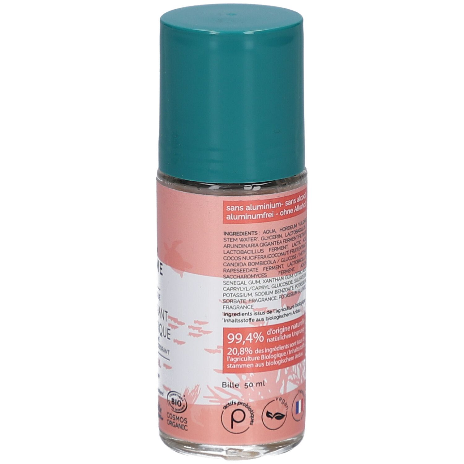 Dos du déodorant roll-on. Inscription: Ingrédients, sans aluminium, 99,4% d'origine naturelle, 50 ml.