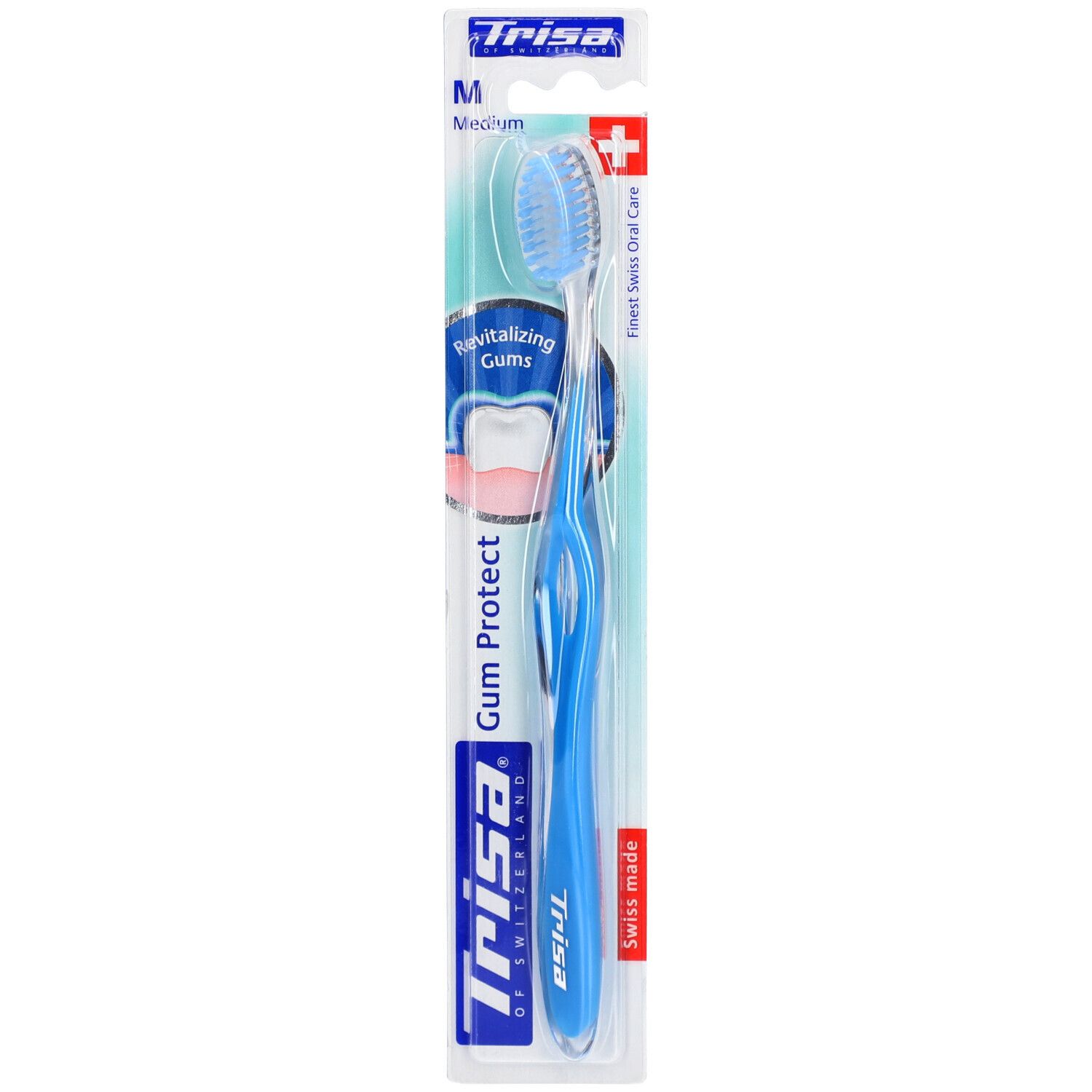Blaue Zahnbürste mit blauem Borstenkopf in Verpackung. Aufschrift: Trisa, Gum Protect, Medium.