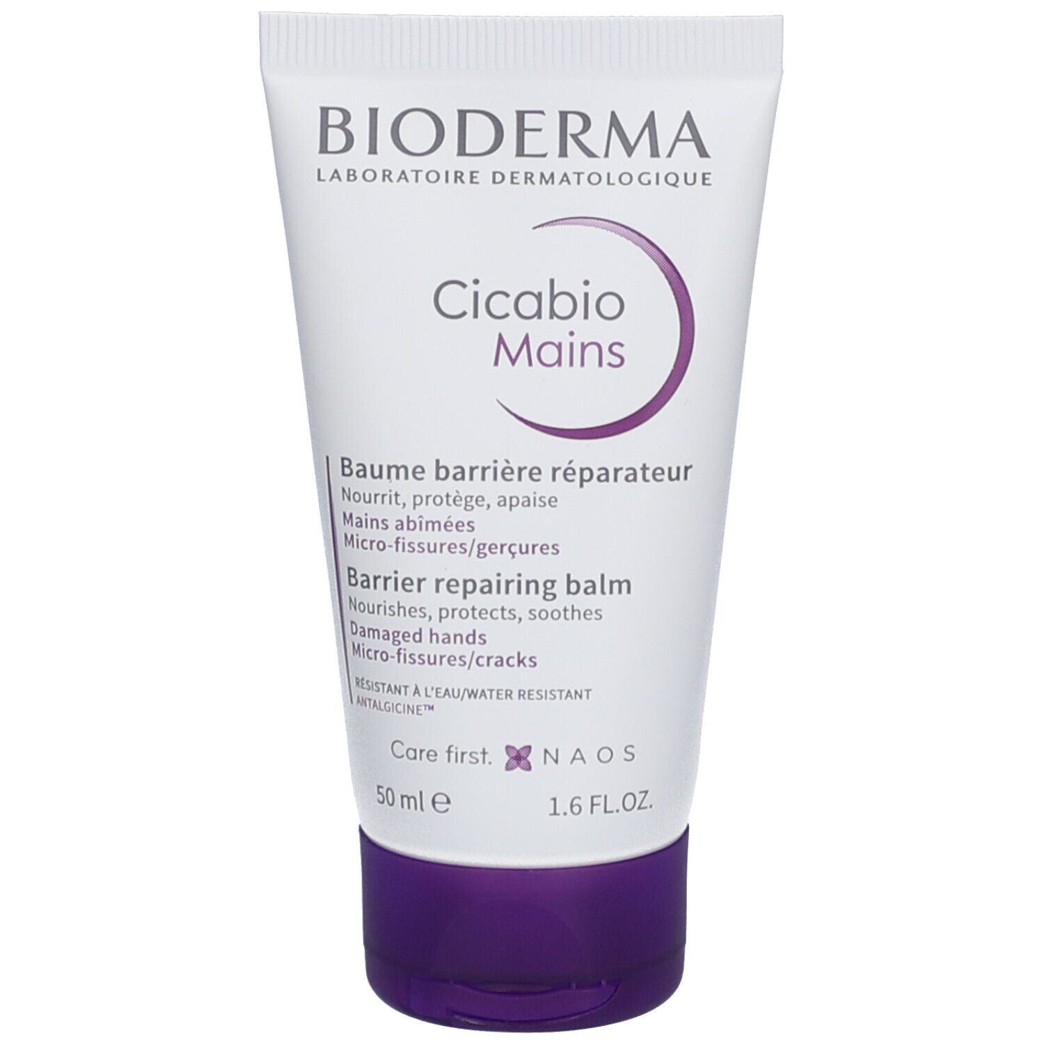 Weiße Tube mit lila Akzenten. Aufschrift: Bioderma Cicabio Mains. Enthält 50 ml. Barrierereparierender Balsam für geschädigte Hände.