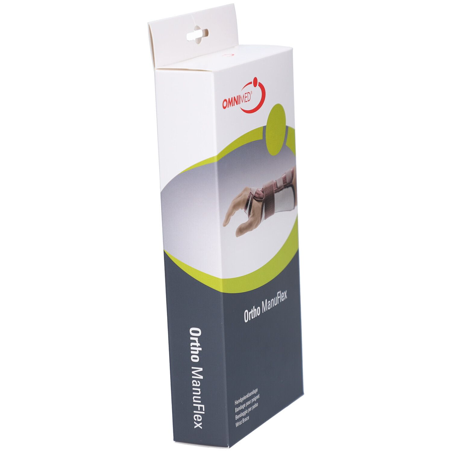 Emballage long et étroit de l'attelle de poignet Ortho ManuFlex. Logo OMNIMED. Vue latérale. Texte: Ortho ManuFlex.