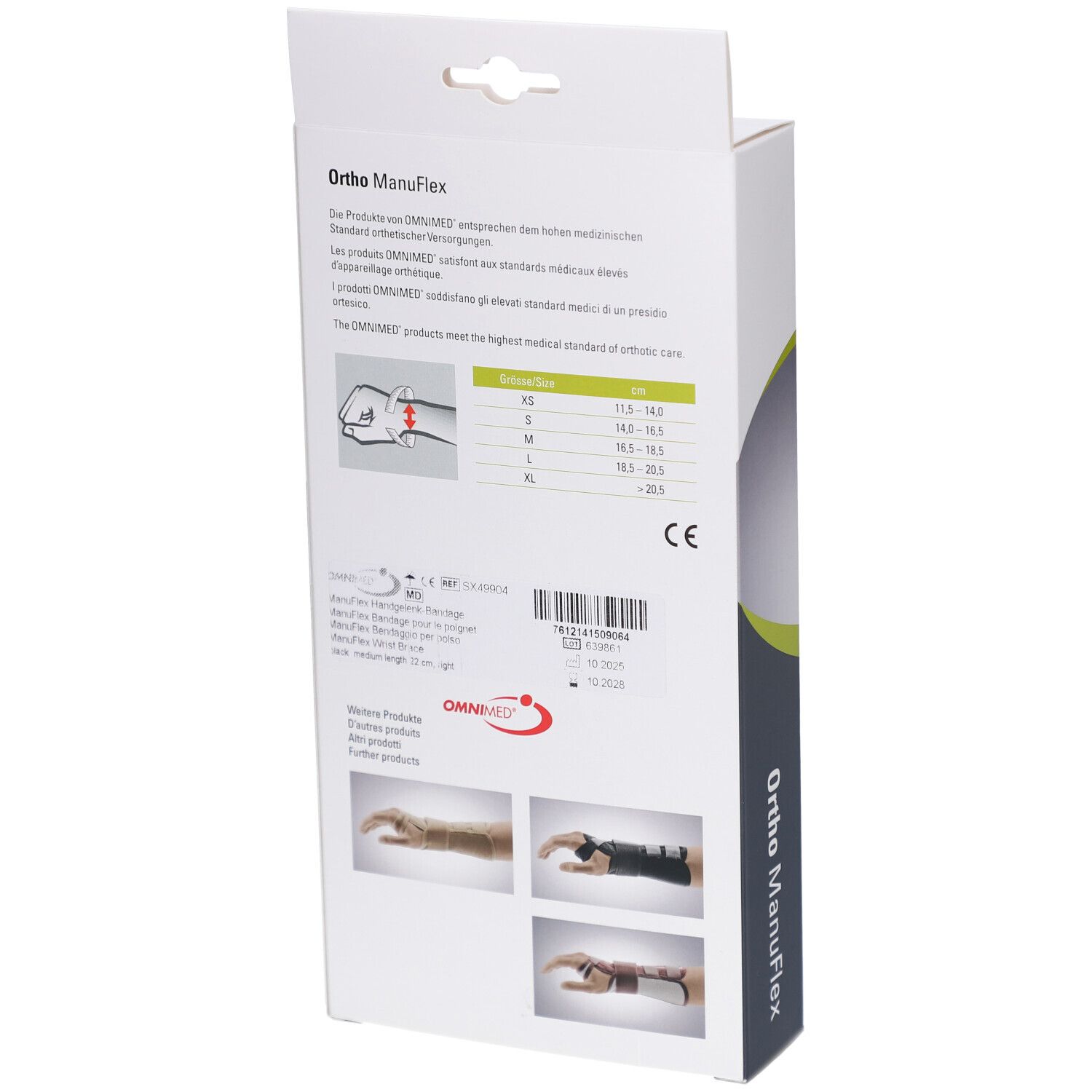 Dos de l'emballage de l'attelle de poignet Ortho ManuFlex. Texte: Tailles, marquage CE, logo OMNIMED. Illustrations du produit.