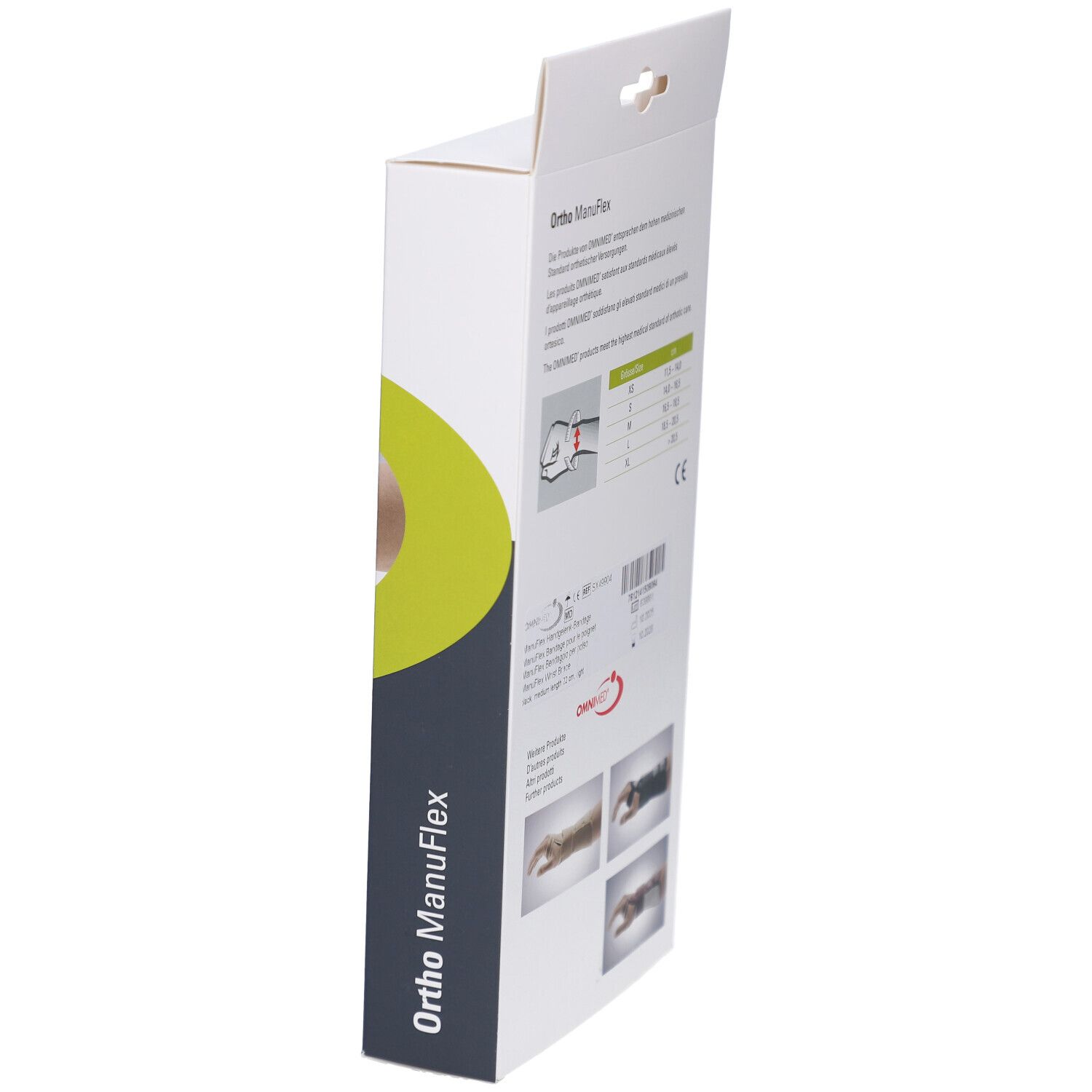 Vue latérale de l'emballage de l'attelle de poignet Ortho ManuFlex. Texte: Tailles, logo OMNIMED. Illustrations du produit.