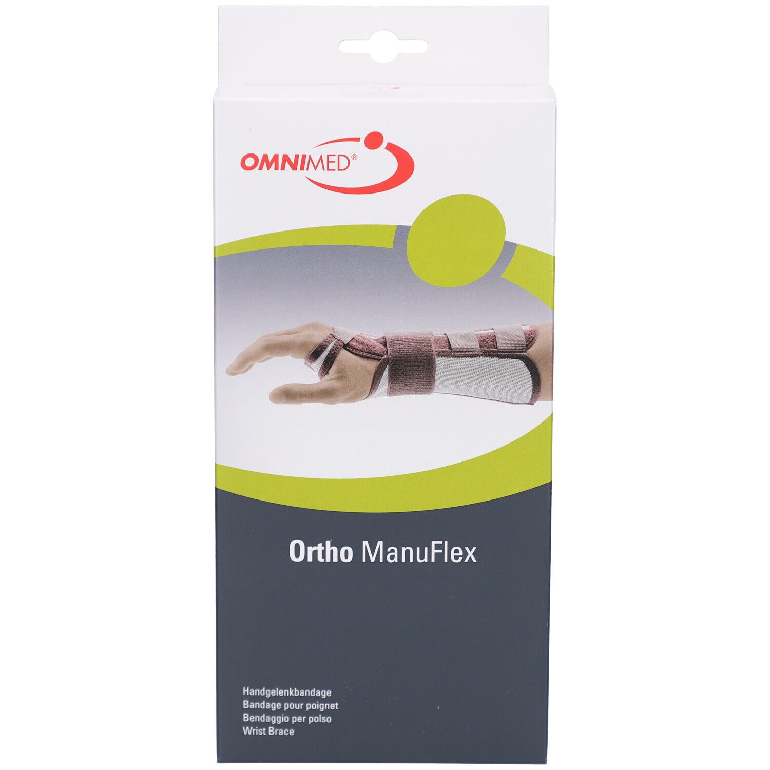 Emballage de l'attelle de poignet Ortho ManuFlex. Logo OMNIMED. Illustration d'un poignet avec attelle. Texte: Attelle de poignet.