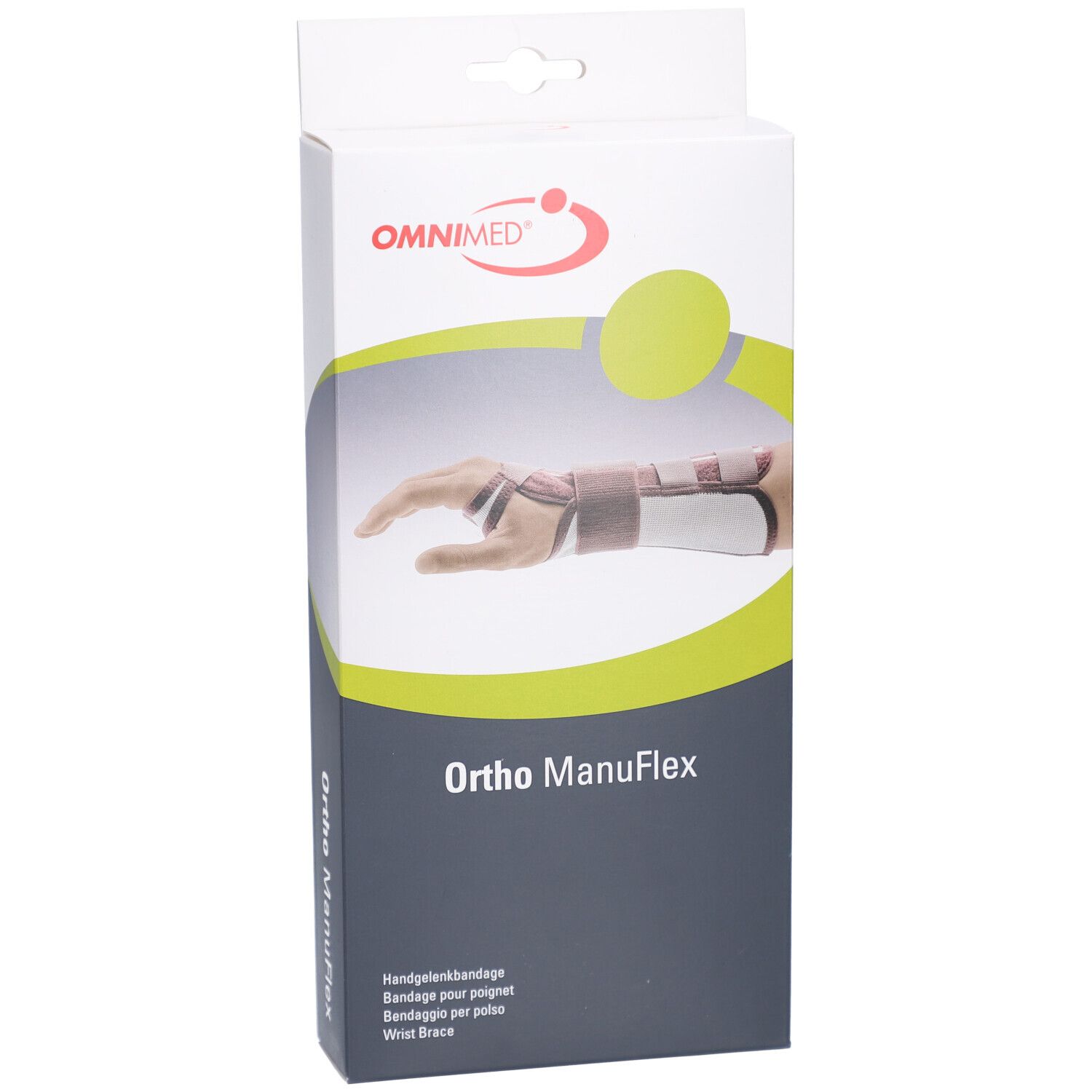 Emballage de l'attelle de poignet Ortho ManuFlex. Logo OMNIMED. Illustration d'un poignet avec attelle. Texte: Attelle de poignet.