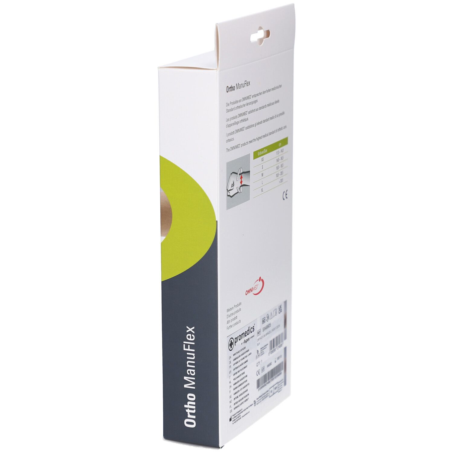 Emballage étroit Ortho ManuFlex. Informations produit au dos, marquage CE. Texte multilingue.