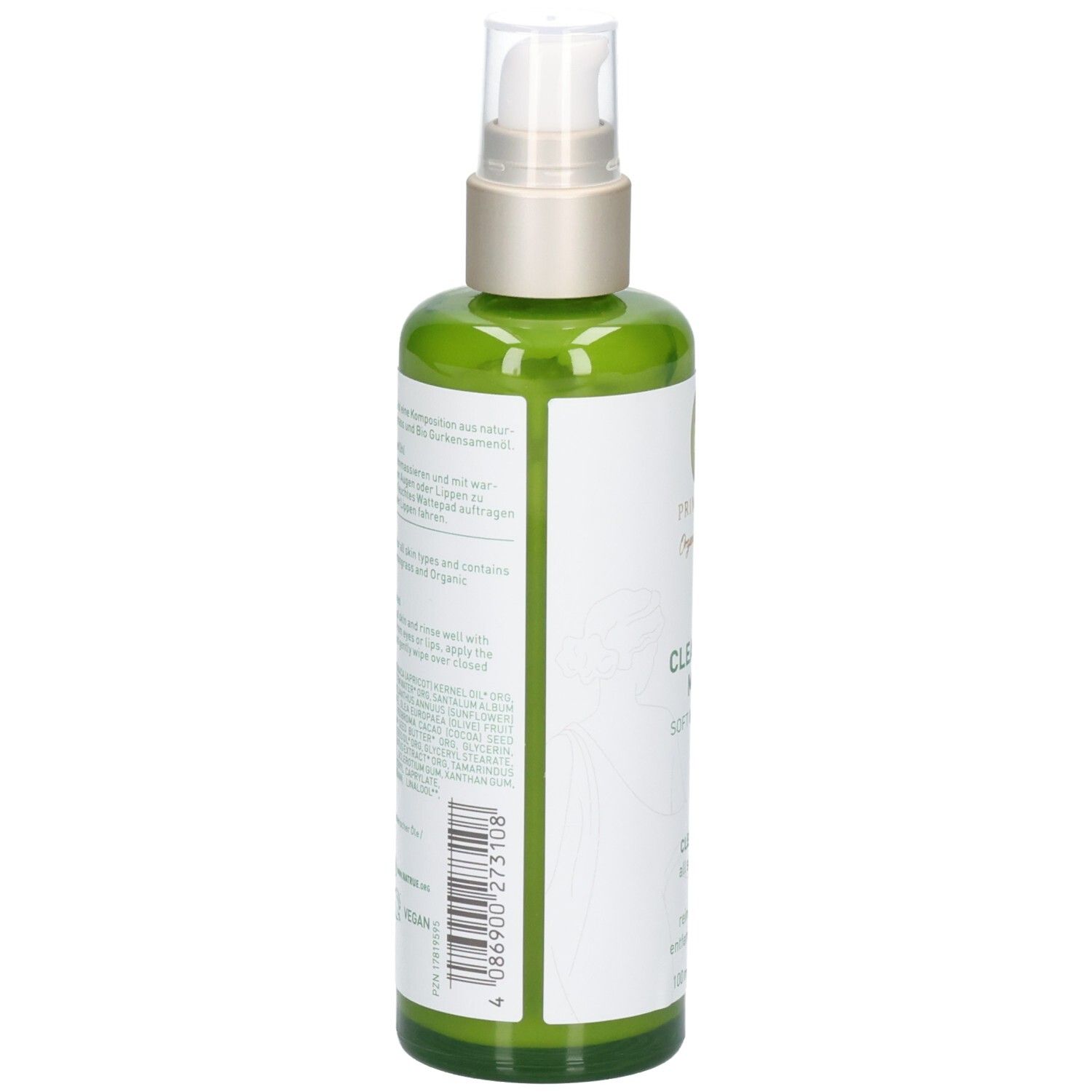 Grüne Pumpflasche mit weißem Etikett, das Inhaltsstoffe und Produktinformationen auflistet.