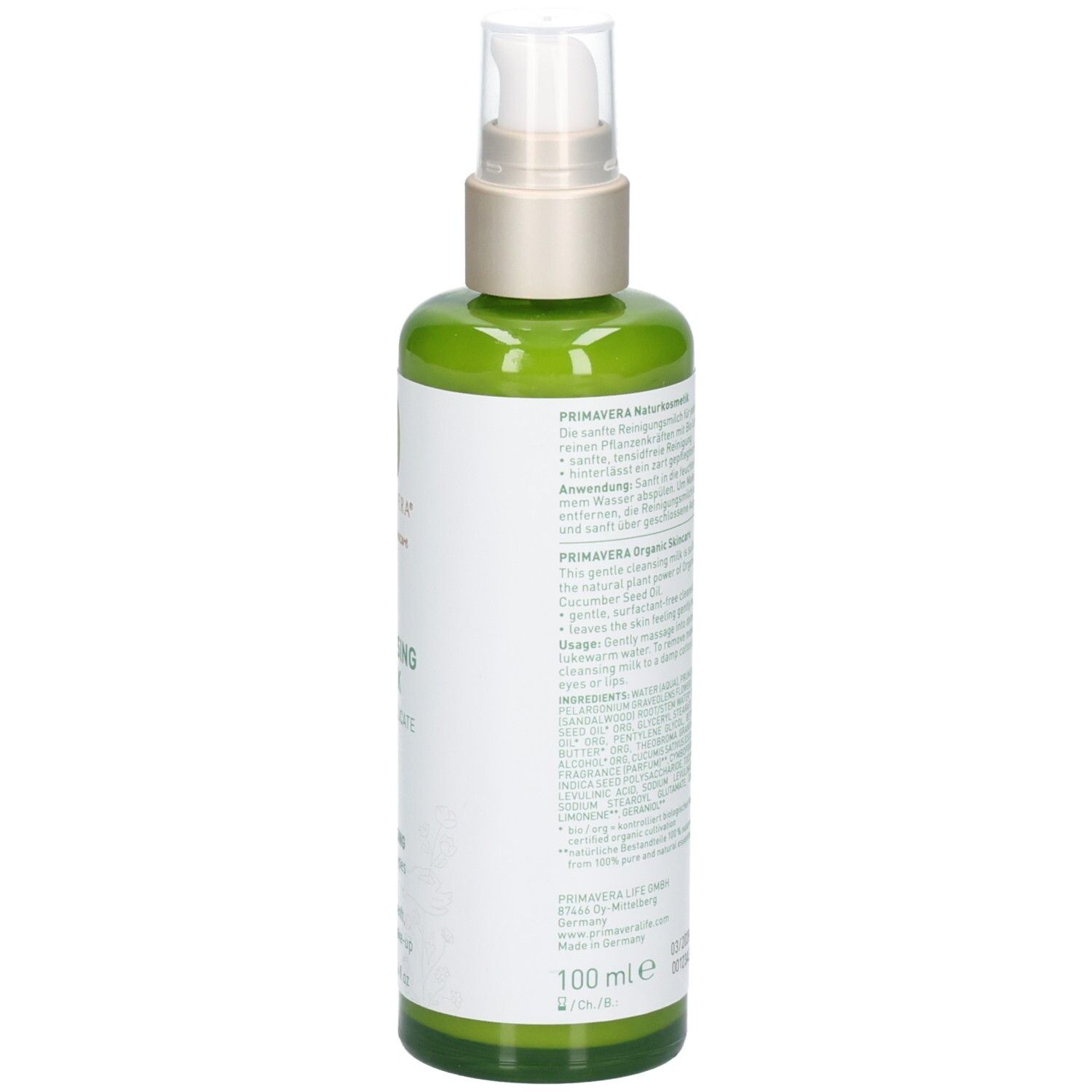 Grüne Flasche mit Pumpspender, 100 ml, Primavera Bio-Reinigungsmilch.