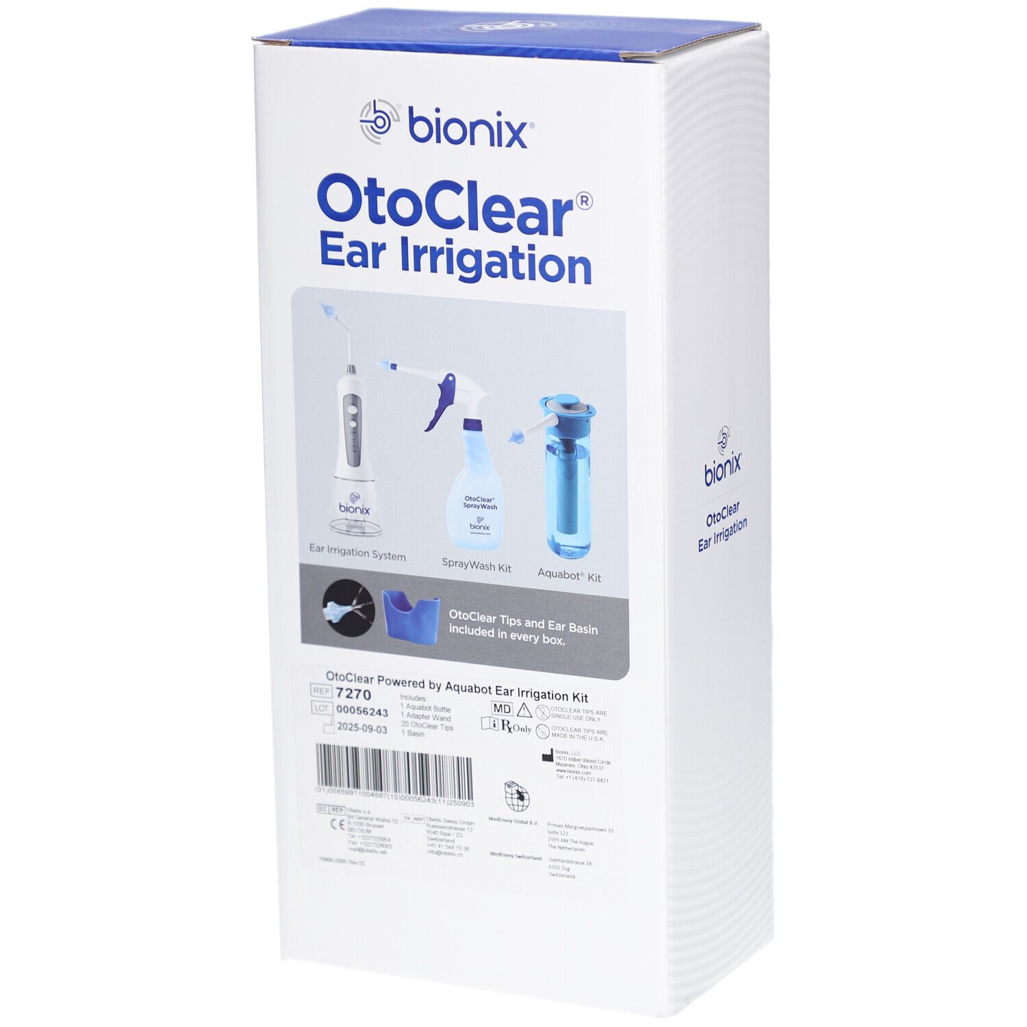 Verpackung des Bionix OtoClear Ear Irrigation Kits. Enthält Abbildungen des Systems, SprayWash und Aquabot.